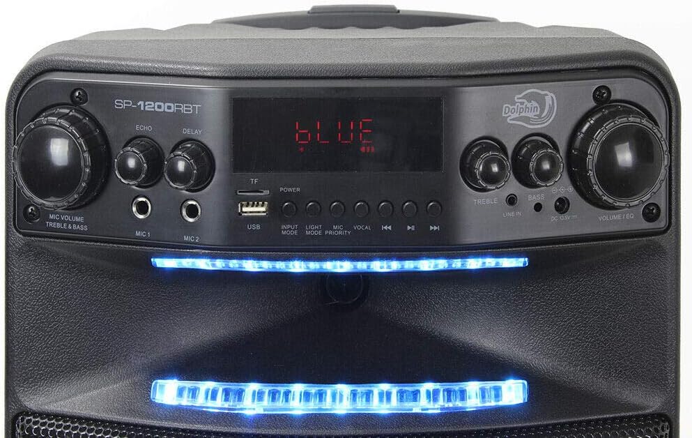 Dolphin SP-1200RBT Portable Party Bluetooh Speaker w/Remote Control and Sound Activated LED Light Show, 12