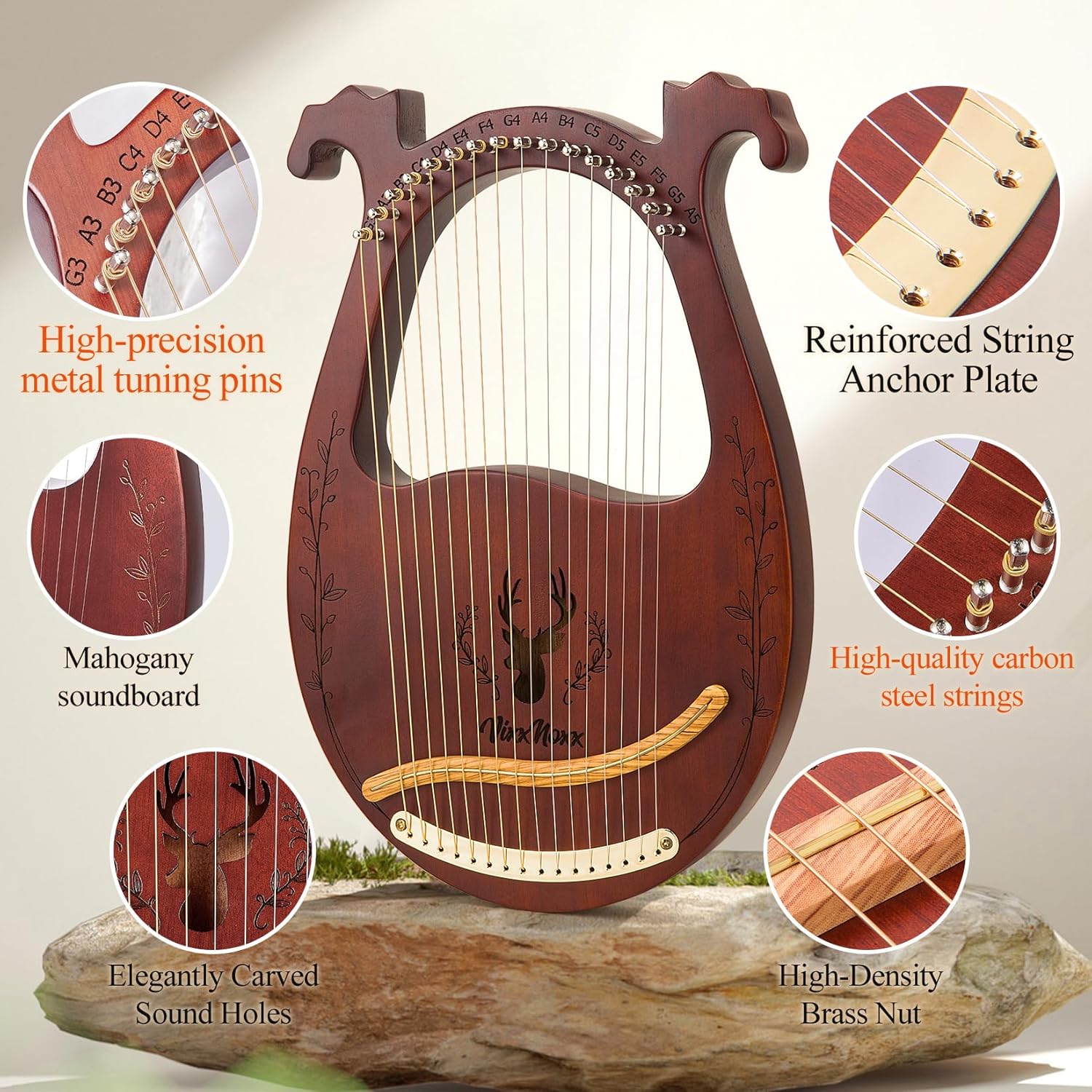 Lyre Harp, 16-String Mahogany Lyra Harp Kit, Stringed Musical Instruments with Tuning Wrench Bag Instructions Extra Strings for Beginners Adults