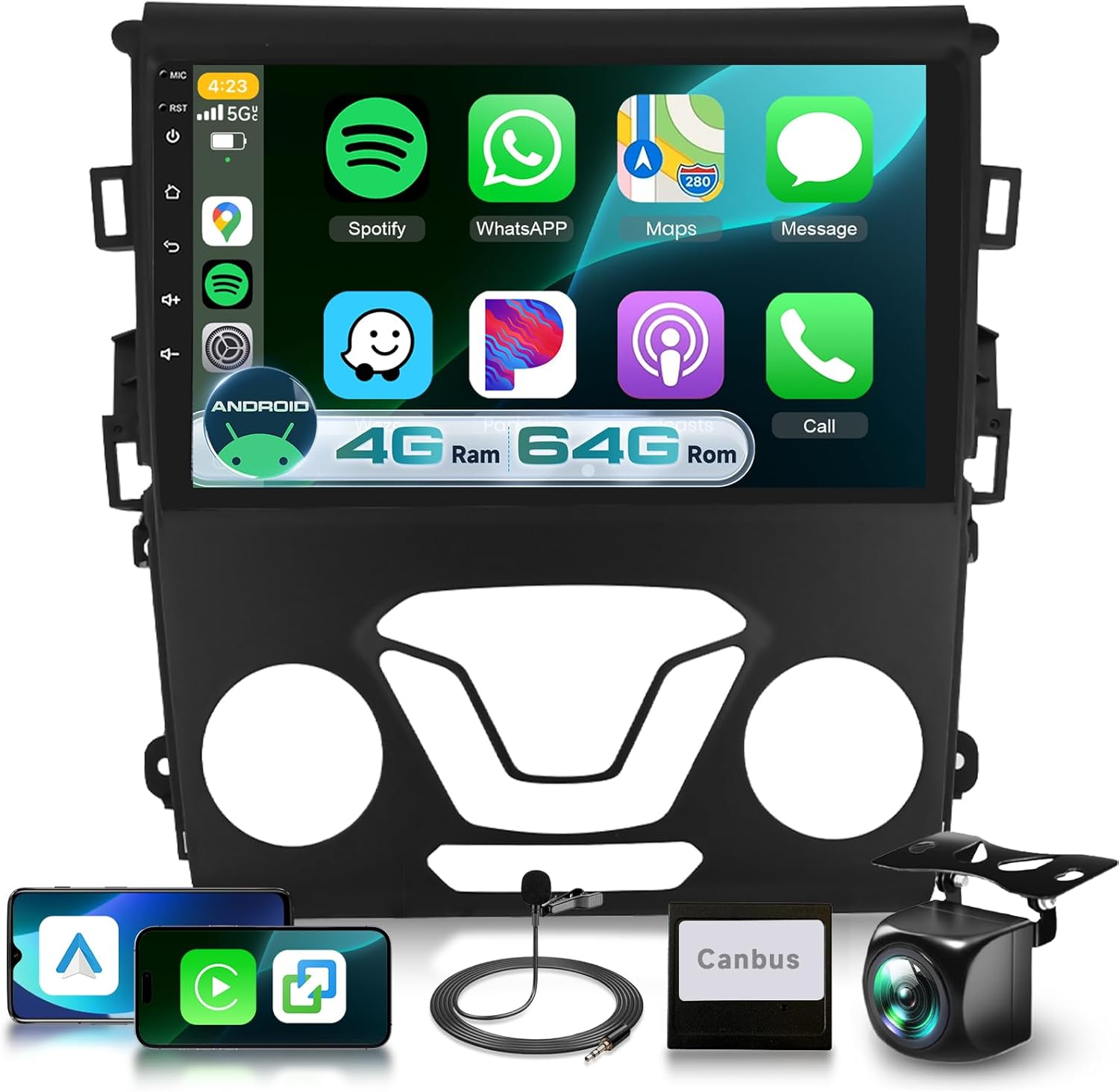 4G+64G Car Radio Stereo for Ford 2013 2014 2015 2016 2017 2018 2019 Fusion Mondeo with DSP/Wireless Carplay/Android Auto, 9