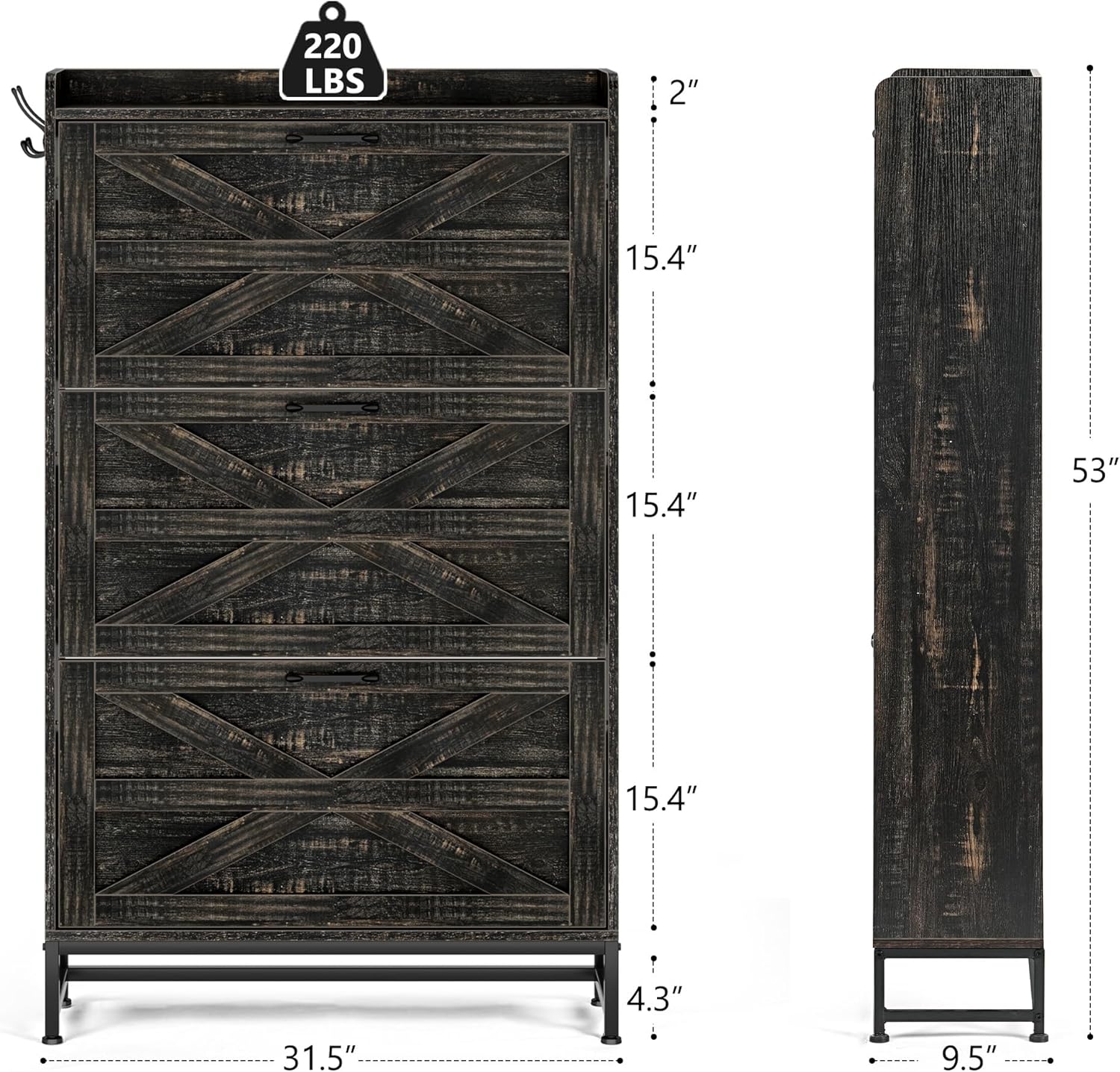 Narrow Shoe Cabinet with Wall Mount: Space-Saving Entryway Storage for Renters & Small Apartments - Rustic Brown Flip-Down Organizer with Adjustable Legs & Hooks