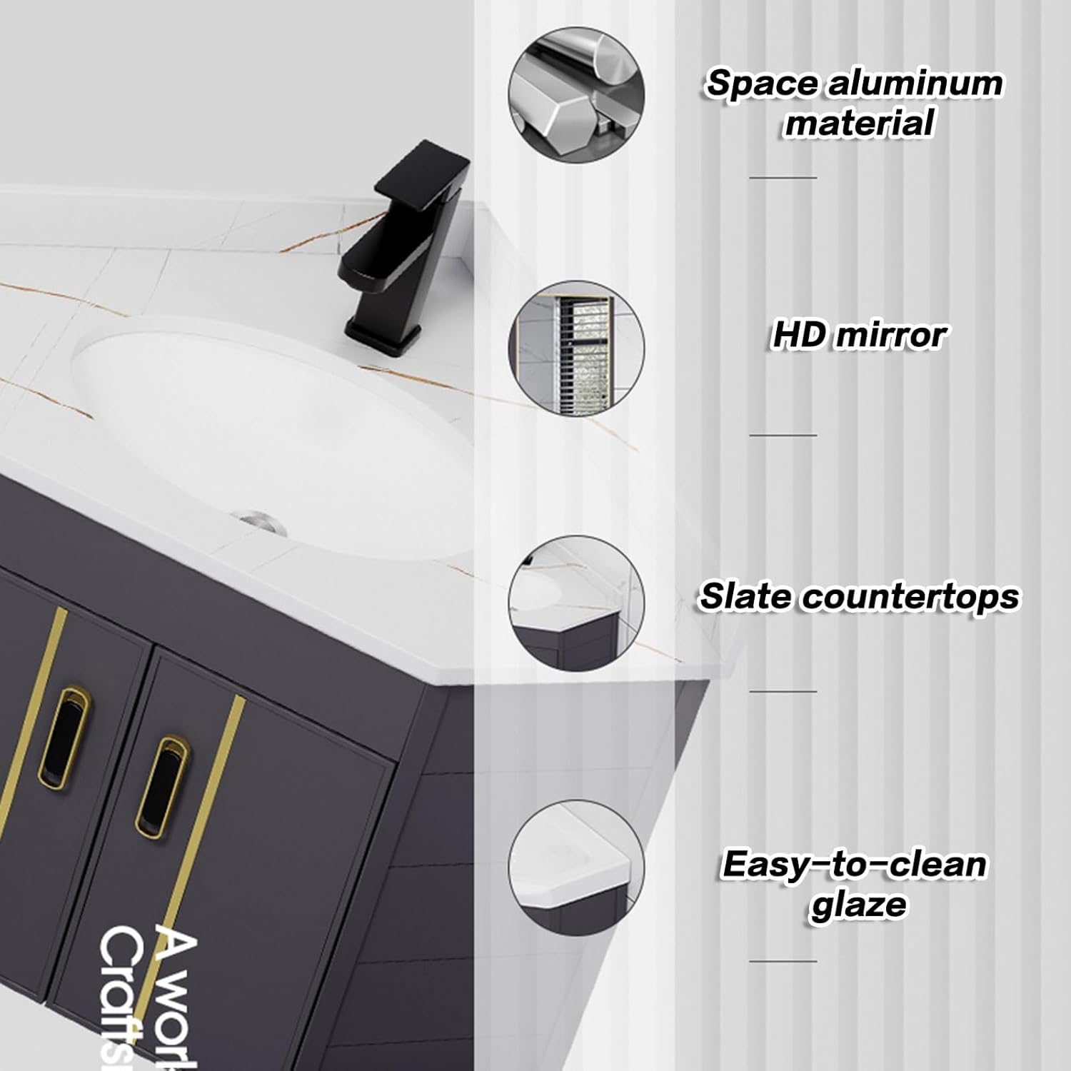 Wall Mount Vessel Sink,Ceramic Sink,Bathroom Corner Basin Sinks, Corner Bathroom Vanity Sink Combo Wall Mounted Cabinet Set for Small Space,with Mirror-55cm