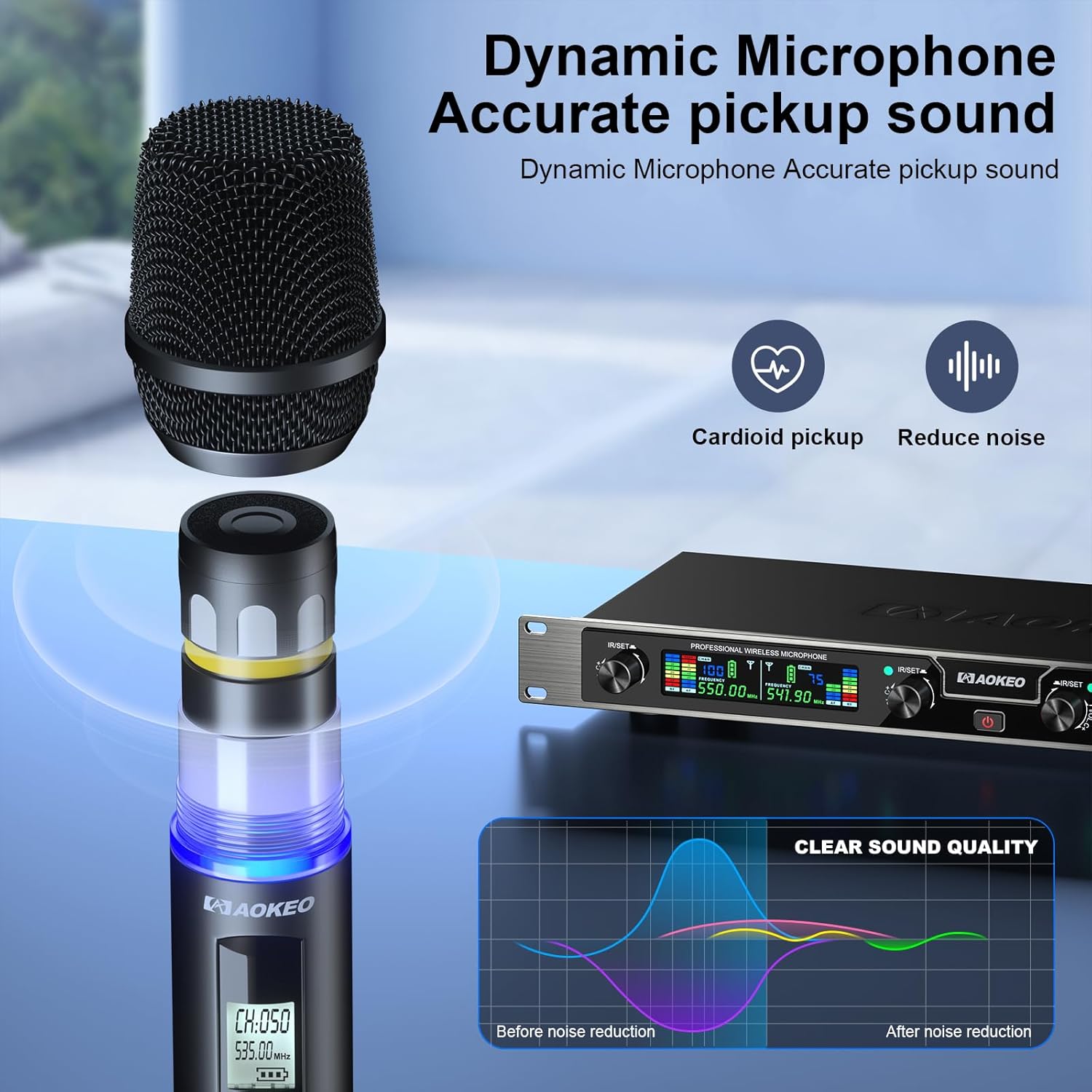 Aokeo Wireless Microphones System, 4 Channel UHF Wireless Mics,with 4 Handheld Dynamic Microphones,Metal Receiver for Karaoke,Singing,Wedding,Party,Speech