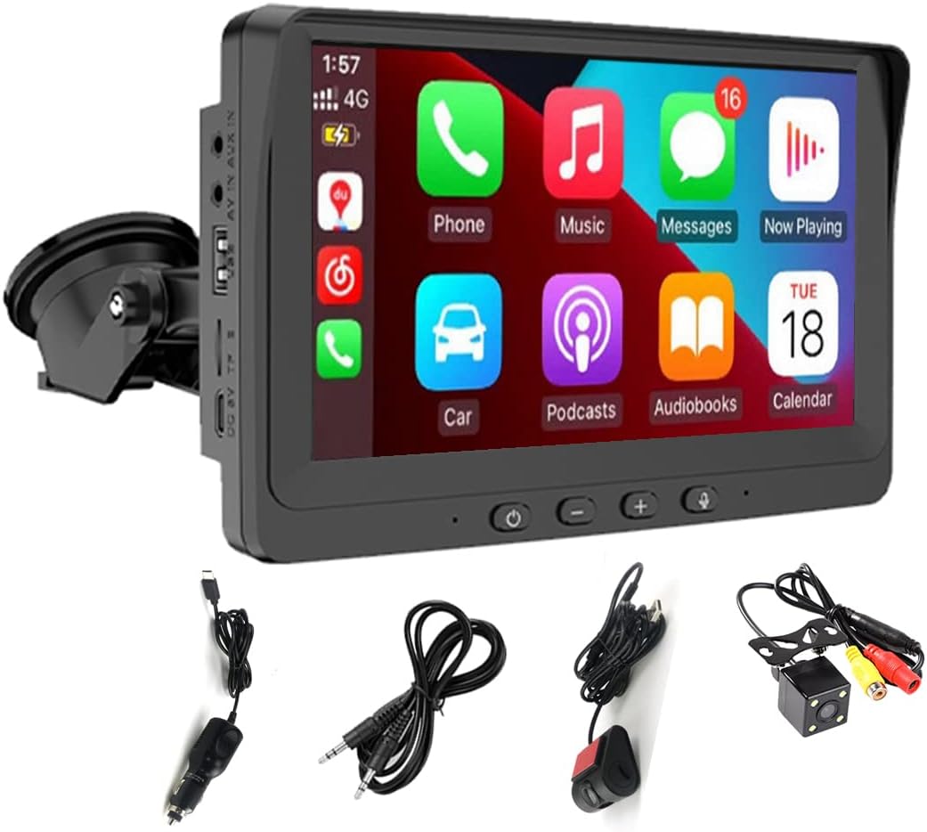 Eaglerich Portable Screen Wireless Carplay & Android Auto 7-inch 2.5D IPS Touchscreen Bluetooth Mirror Link FM Transmitter Built-in Speaker TF USB AUX Car Monitor+4LED Camera+USB DVR