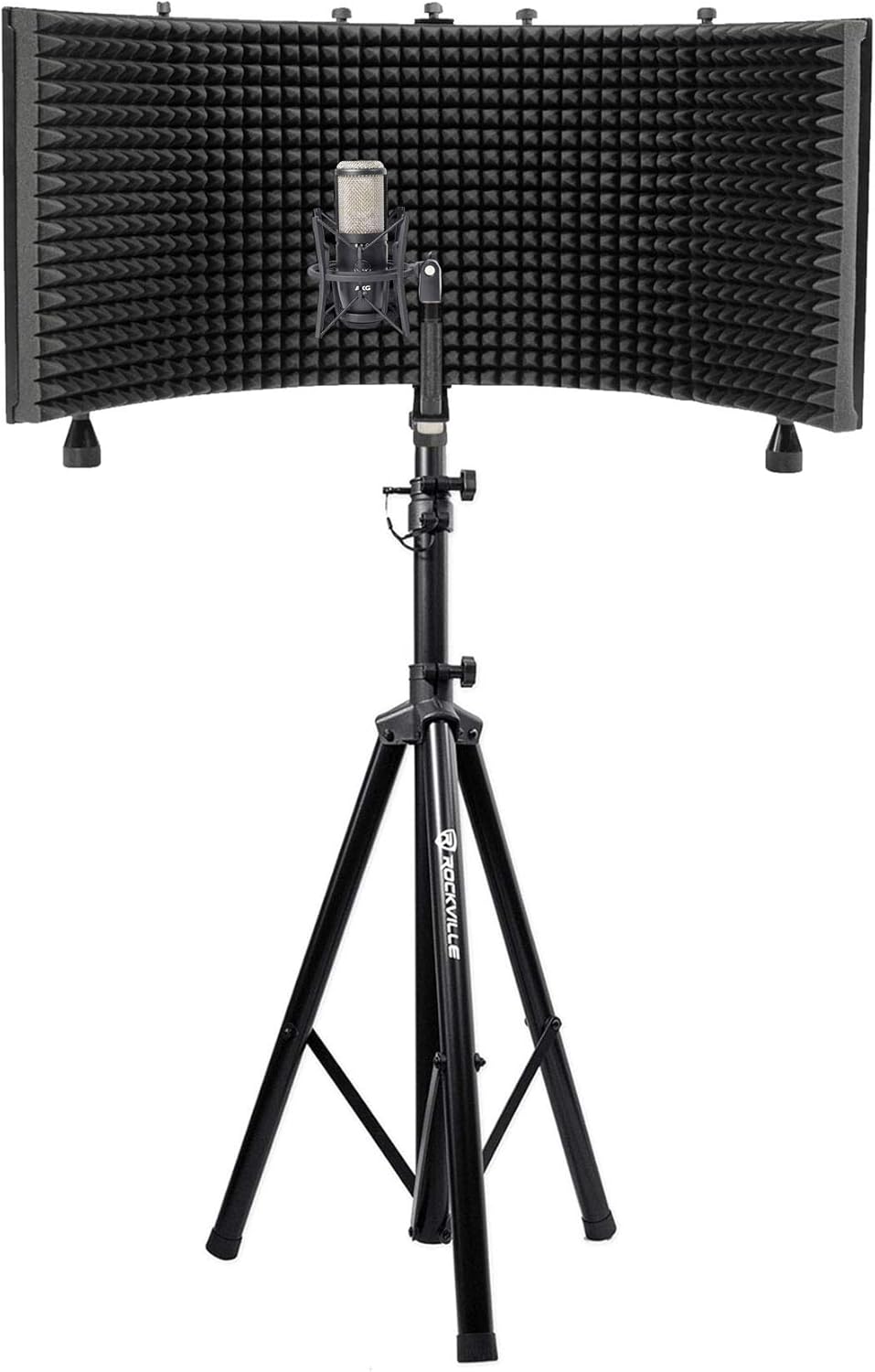 AKG P420 Studio Condenser Recording Microphone Dual Capsule Mic Bundle with Rockville ROCKSHIELD 3 Studio Mic Isolation Shield & Rockville RVES05 Tripod Pole-Mount DJ PA Speaker Stand (3 Items)