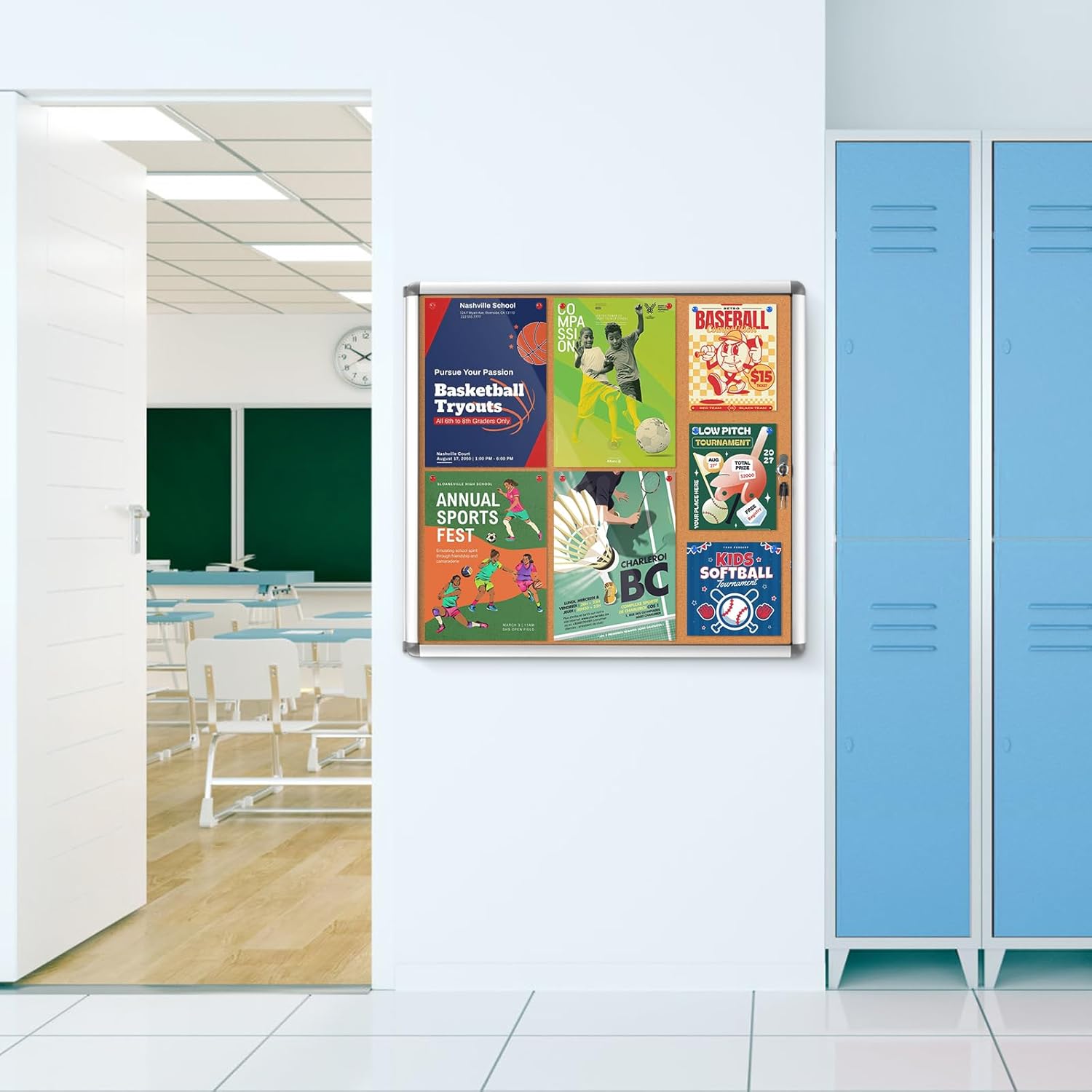 Enclosed Cork Bullletin Board 28x26 in, Tamperproof Display Case with Locking Door for Office School Home Store, Wall Mount, Silver Aluminum Frame (6xA4)