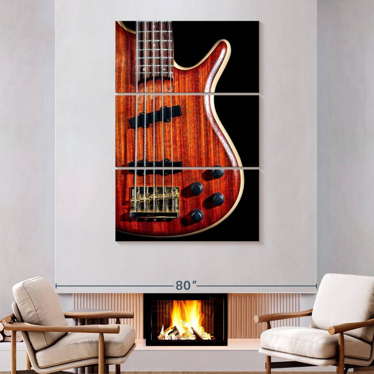 ElephantStock - Wooden Bass Guitar Wall Art - Vertical Multi Panel Canvas - 3 Piece Living Room Wall Decor - Photography Music Multi Piece Wall Art - Red And Black Decor - 48