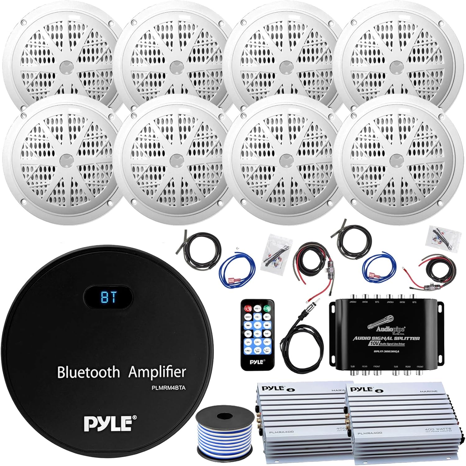 36' - 42' Boat Audio Bundle: Pyle Gauge Style Marine Water Resistant Bluetooth USB/AUX Amplifier Receiver, 8X 6.5'' 150W Boat Speakers W/Wire, 2X 4 Channel Amplifier W/Kit, Signal Splitter, Antenna