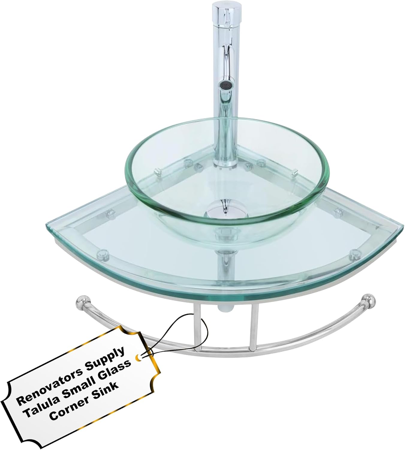 Renovators Supply Talula Corner Glass Wall Mounted Sink Round Shape Wall Hung Bathroom Vessel Sink Crystal Clear Tempered Glass Console With Chrome Faucet, Pop Up Sink Drain And Towel Bar Combo