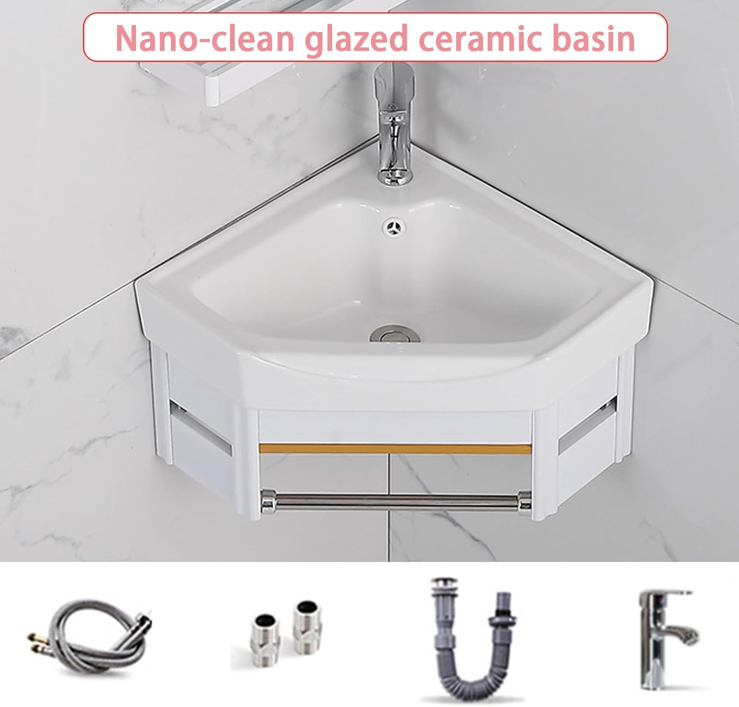 Corner Wall Mount Bathroom Sink, Corner Bathroom Vanity, Ceramic Vessel Sink with Towel Bar, Ceramic Corner Sink, Bathroom Vanity for Bathroom, Balcony, Guest Room(38cm/14.9in)
