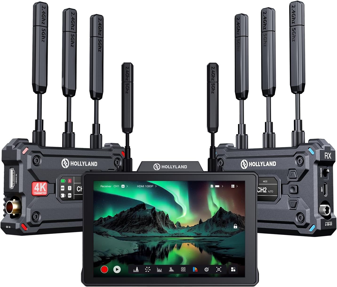 HollyView 4K Video Transmit Family - Pyro S (TX&RX) Wireless Transmitter Receiver and Pyro 7 Inch Wireless Transmitter/Receiver/Monitor (1 Set)