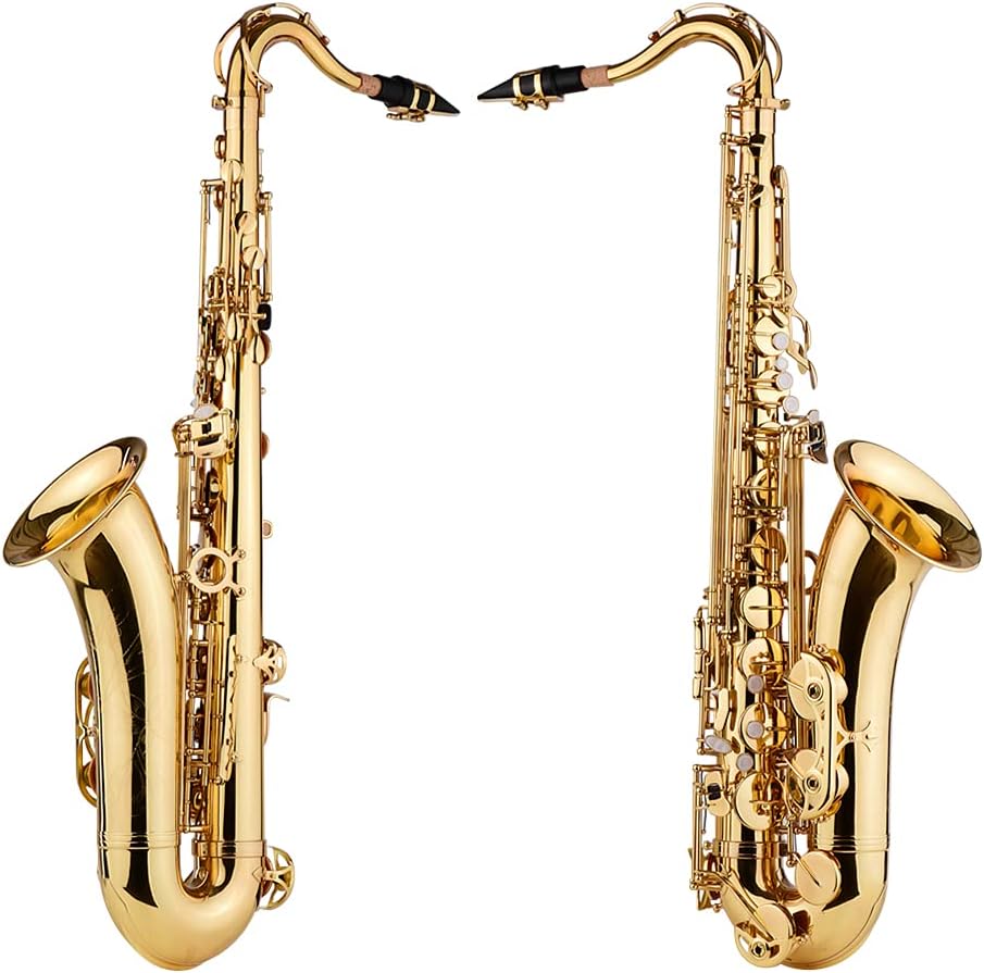 Saxophone Tenor BB Sax Brass Body Gold Lacquered Surface Wood Wind Instrument with Carrying Case Gloves Cleaning Cloth Brush Sax Neck Straps