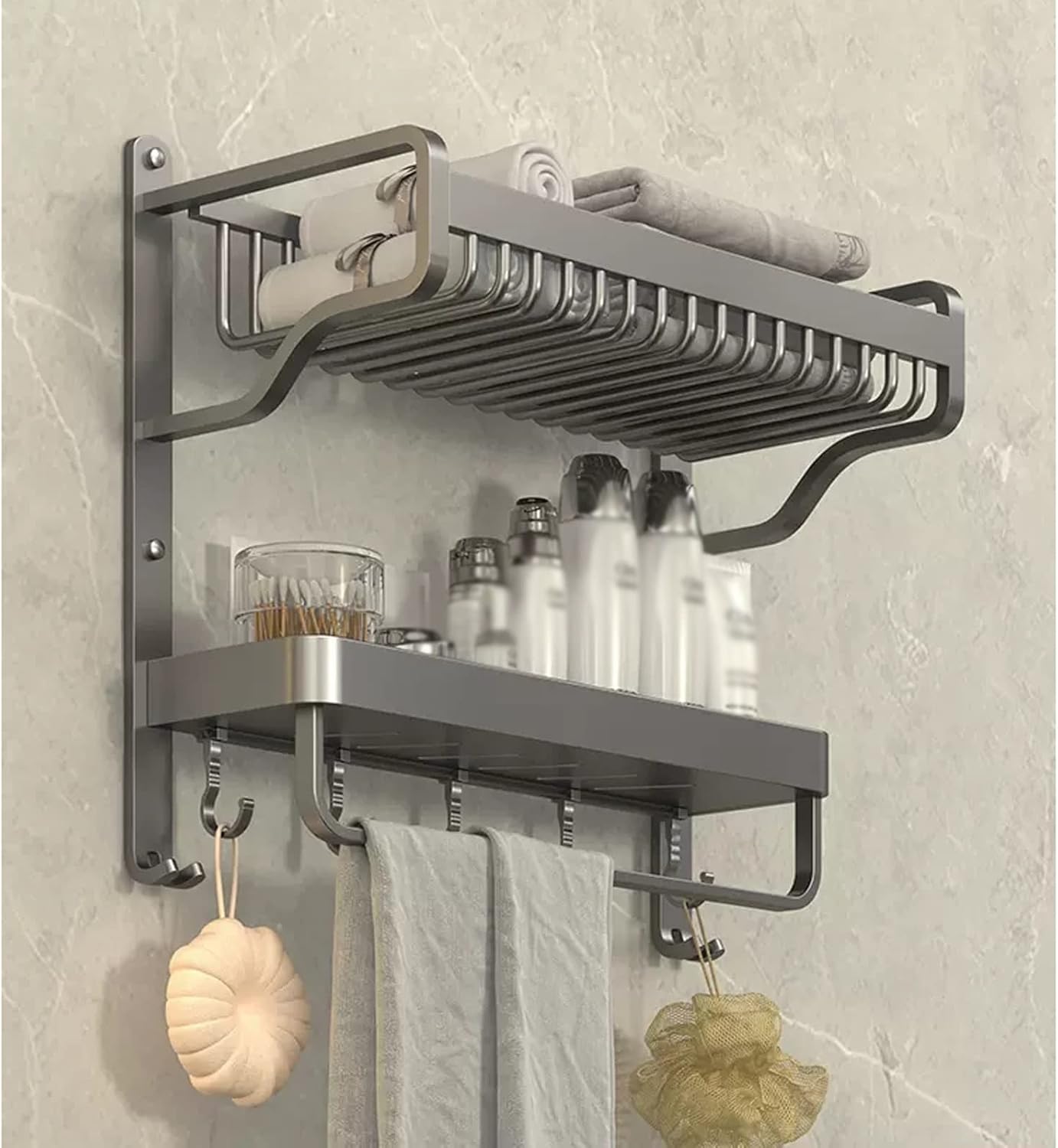 Bathroom Shelf Bathroom Wall Shelf Towel Rack with Towel Bar and Hooks, 2 Tier Shower Shelve Bathroom Shelf, Grey Wall Mount Towel Shelf Floating Shelves/Shower Rack (Size : L47cm)