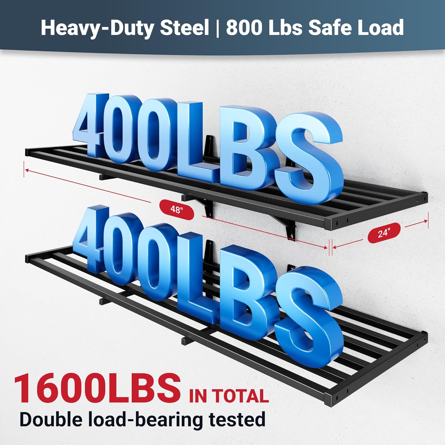 FLEXIMOUNTS 2-Pack 2x4ft Heavy Duty Garage Wall Shelving, 800lbs Capacity, Garage Shelving Wall Mounted with 8 Hooks for Power Tools, Garden Supplies, Storage Bins, Pro Series