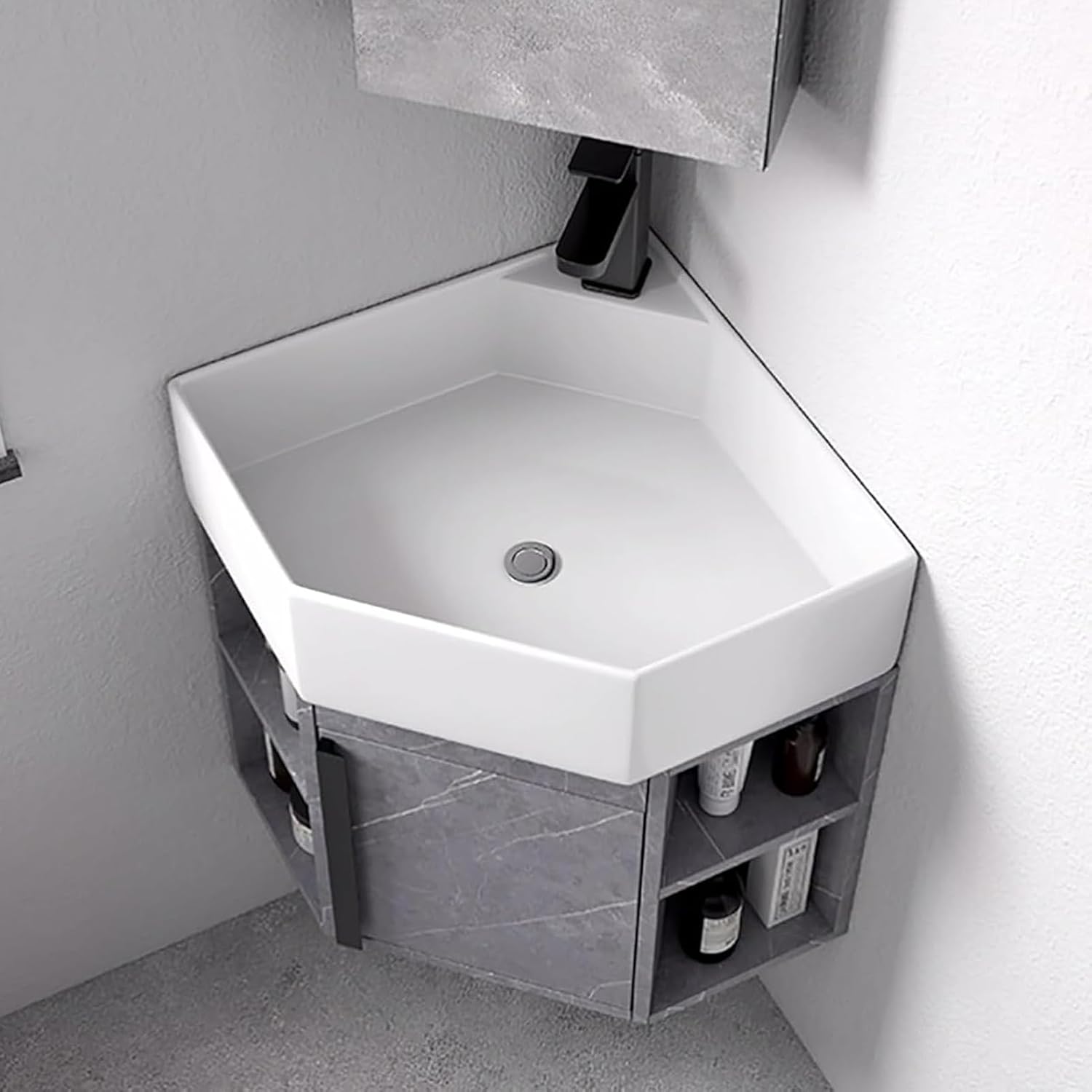 Corner Bathroom Sink Vanity, Ceramic Corner Wall Mount Bathroom Sink, Floating Wash Basin with Storage Container, Corner Vanity wash Basin Sinks(16inchx40cm)