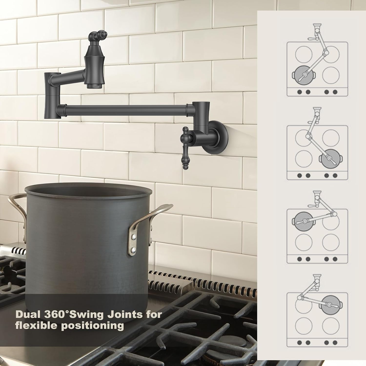 Brass Pot Filler Faucet Black: Wall Mount Commercial Pot Filler with Double Joint Swing Arms - Traditional 2 Handle Kitchen Pot Faucet Over Stove