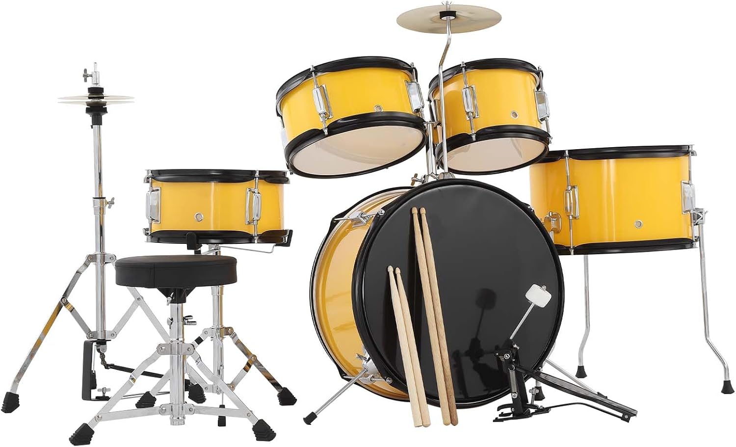 Senfot Drum Set for Musical Instruments, AD-300 Five Piece Drums with Bass Drum, Tom-Tom, Snare, Cymbals, Hi-Tone Drum, Sticks, Base Pedal and Stool, Beginner Set (Yellow, 5-Piece)