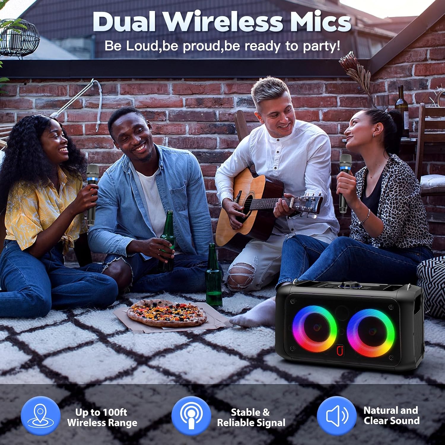 Karaoke Machine for Adults Kids, Bluetooth Party Karaoke Speaker with 2 Wireless Microphones for Singing, PA System with HiFi Sound/Dual 3