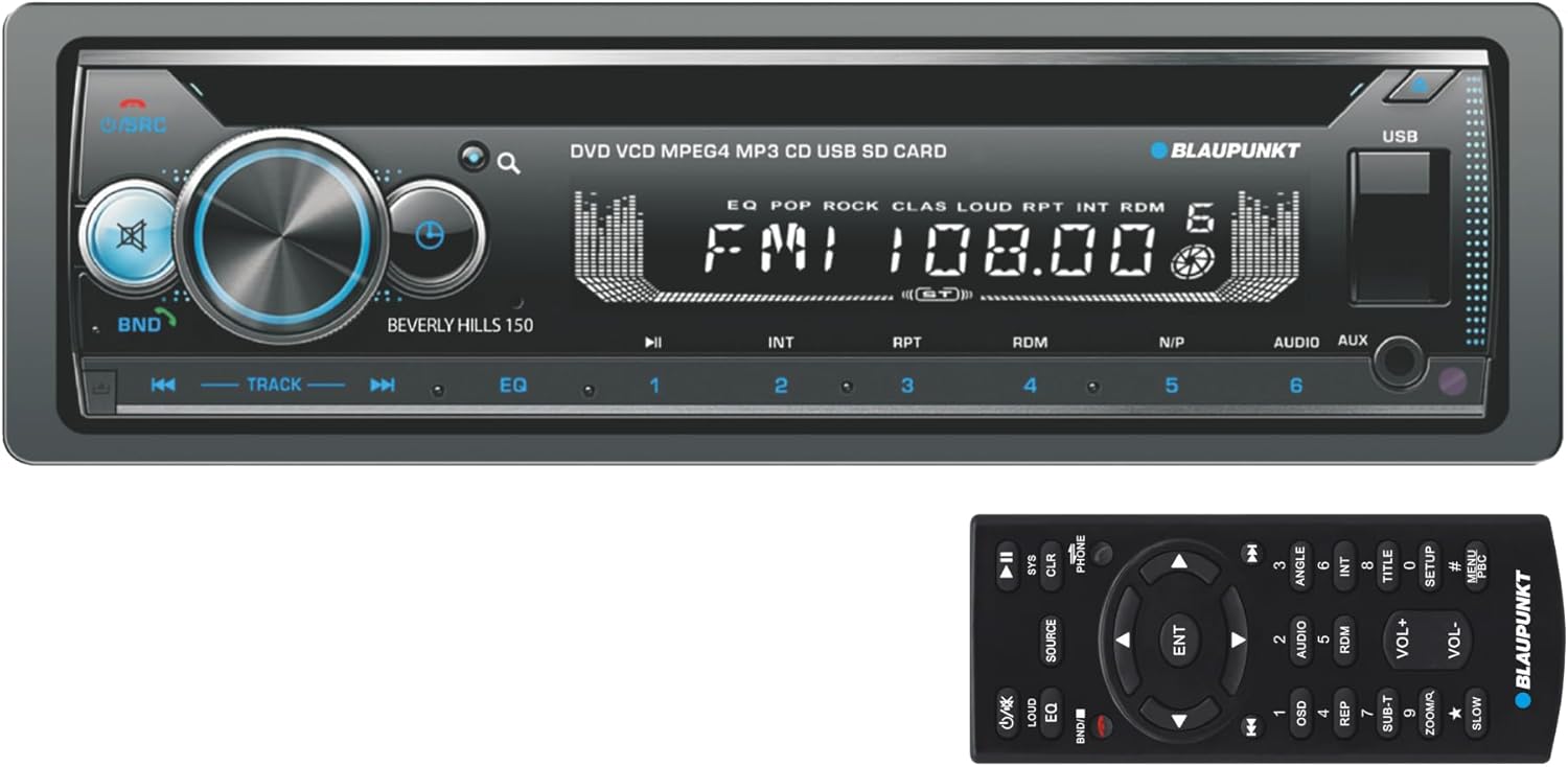 BLAUPUNKT Beverly Hills 150 Multimedia Car Stereo - 120W Peak Power, Bluetooth Connectivity, Hands-Free Calling, Detachable Faceplate, DVD & CD Receiver, USB/SD, AM/FM, Remote Control - Black