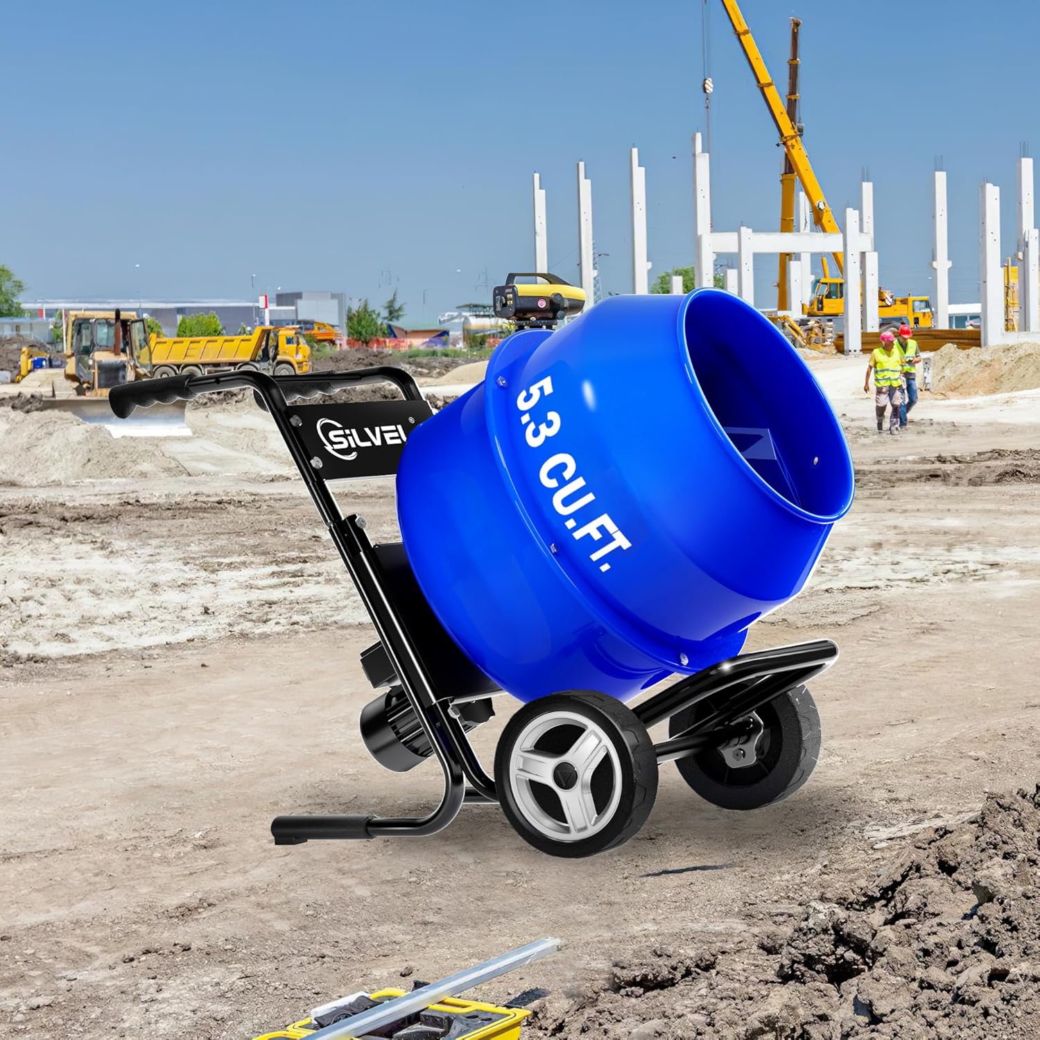 SILVEL 5.3 Cu.Ft. Cart-Mounted Concrete Mixer – 750W 1HP Electric Cement Mixer, Heavy Duty Mixing Machine for Mortar, Stucco & Fodder