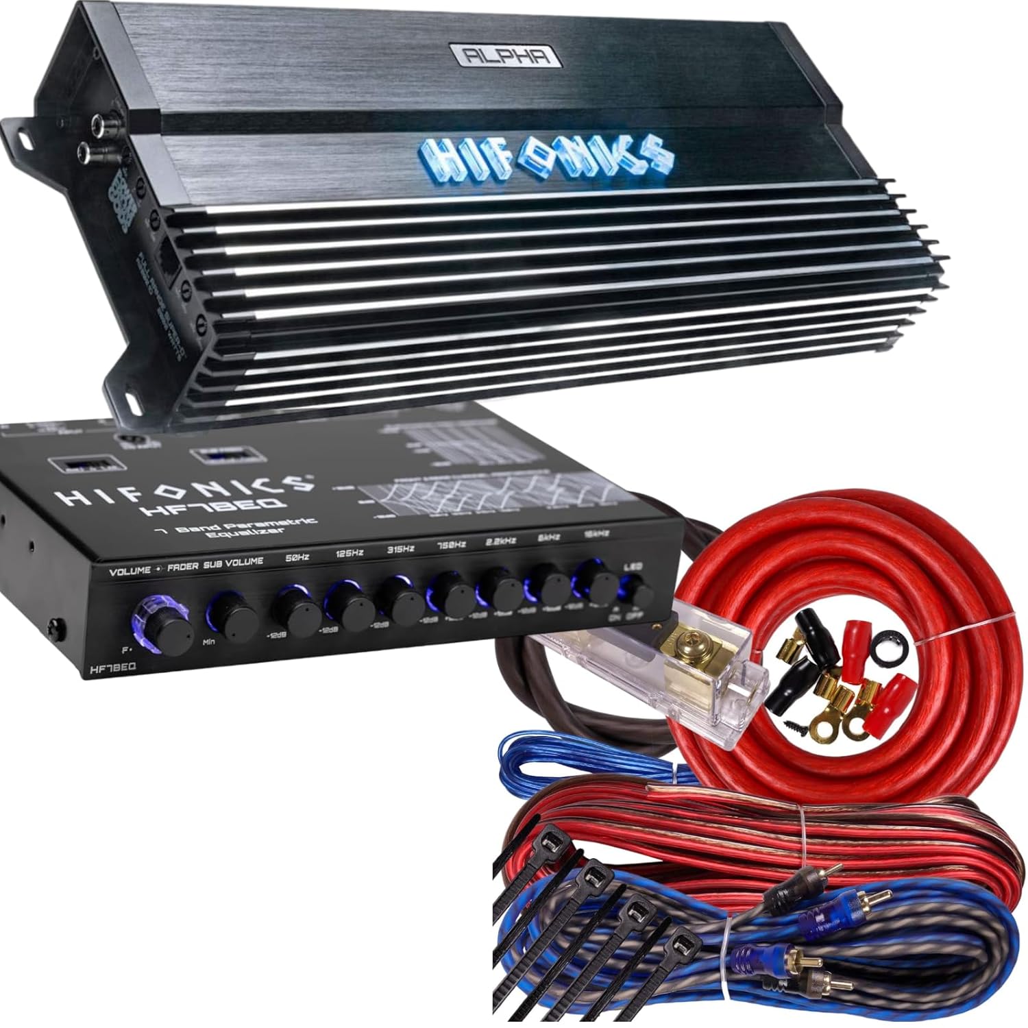 Hifonics Alpha A1500.1D 1500W Super D-Class Monoblock Car Amplifier with Hifonics EQ & Amp Kit, Bass Remote, and Installation Hardware