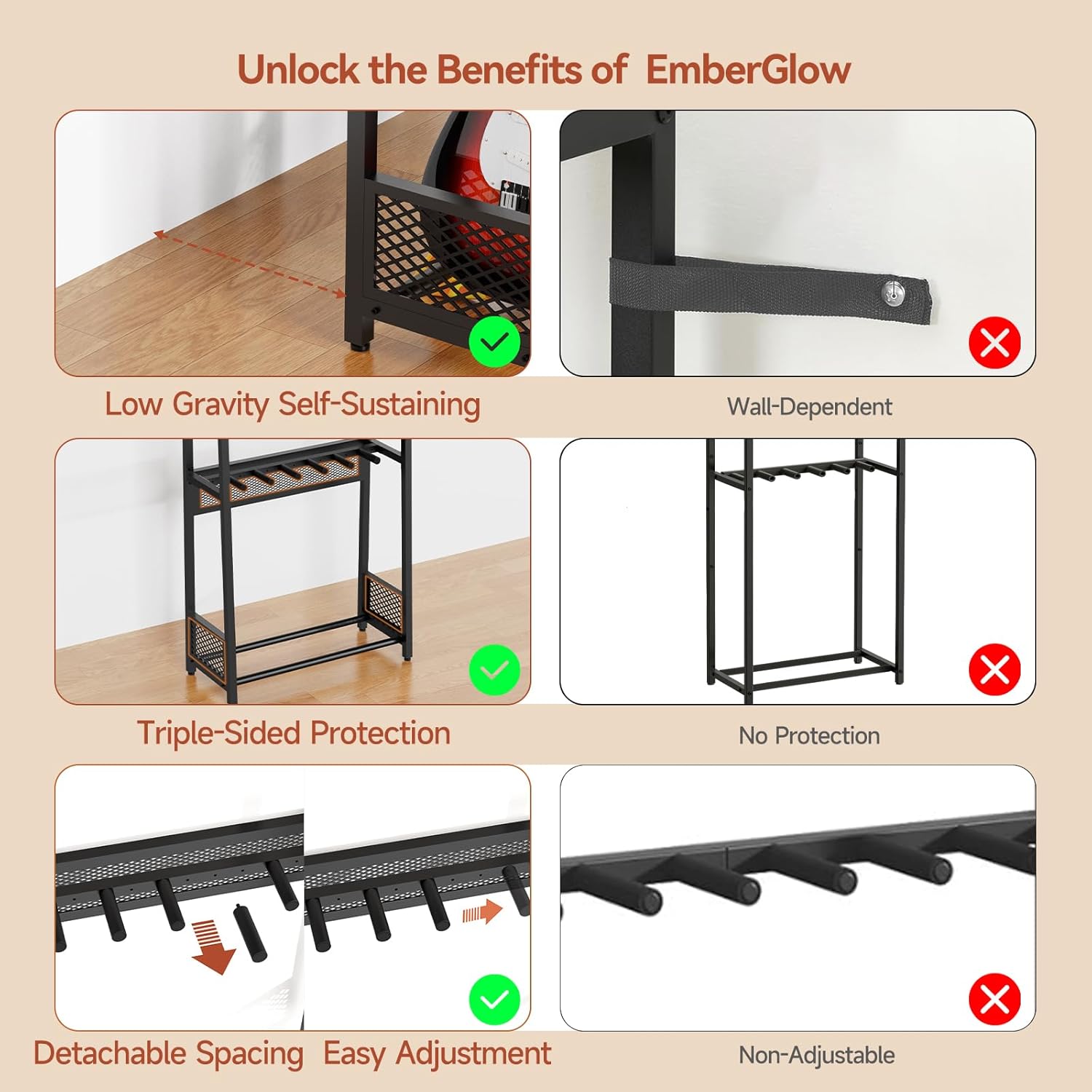 EmberGlow-official Guitar Stand, Guitar Rack with Amp Stand for Acoustic Guitar, Electric Guitar, Bass, Ukulele, Multi Guitar Stand Floor for Home Studio Music Room