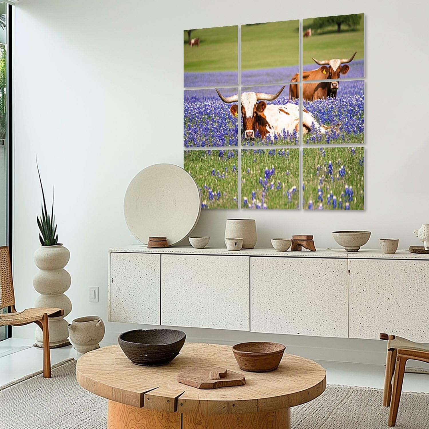 Art Acoustic Panels Self Adhesive Texas longhorn cattle bluebonnets 9 Packs Decorative Soundproof Wall Panels Large Sound Absorbing Panels for Home Office 60
