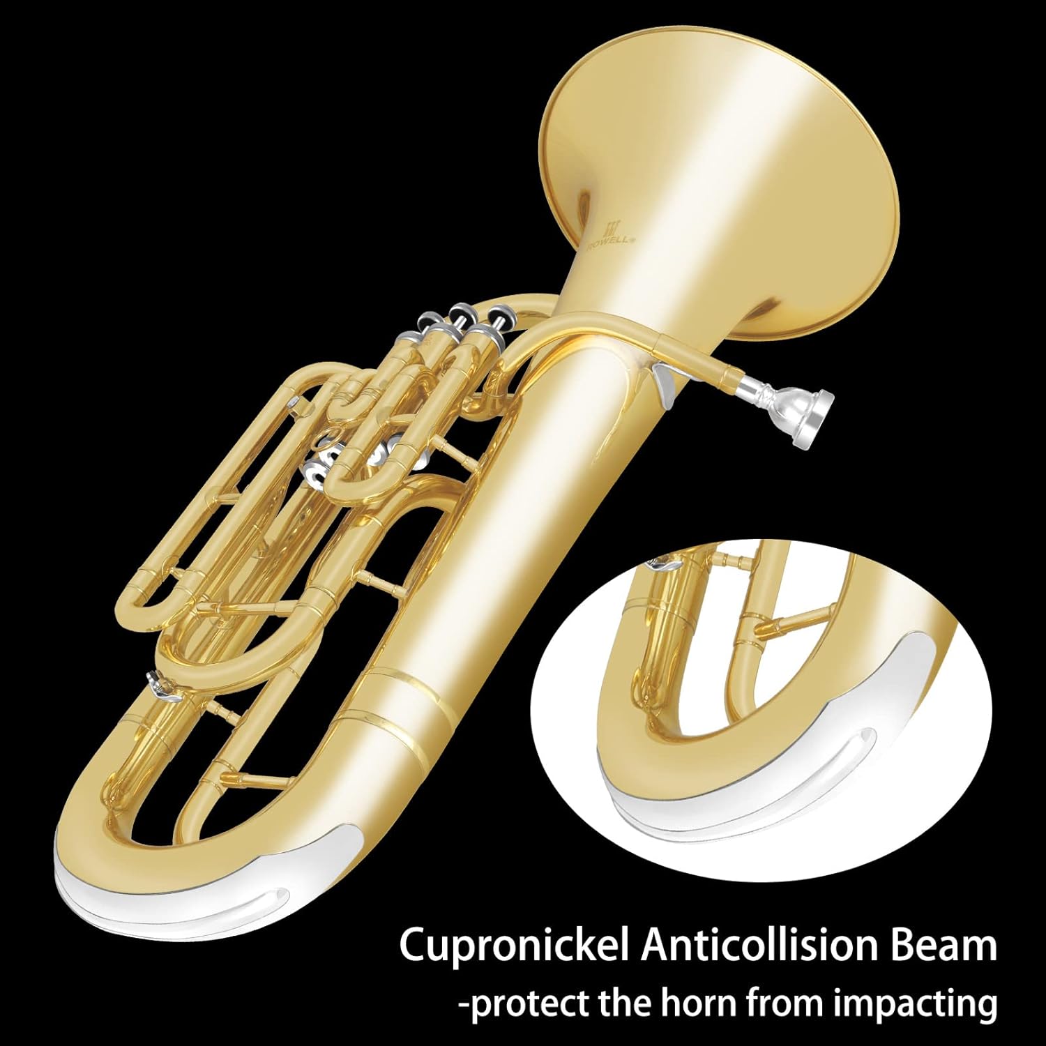 ROWELL Bb Euphonium Brass Horn 4 Valves Euphonium with Case & Care Kit - Includes Mouthpiece, Polishing Cloth, Gloves & More, Featuring Large Bell & Stainless Steel Valves for Rich Sound