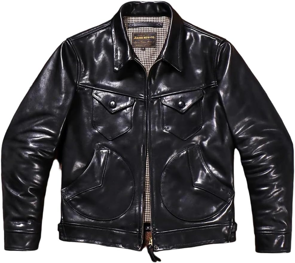 Men Vegetable Tanned Cowhide American Vintage Mendoza Short Genuine Leather Biker Jacket