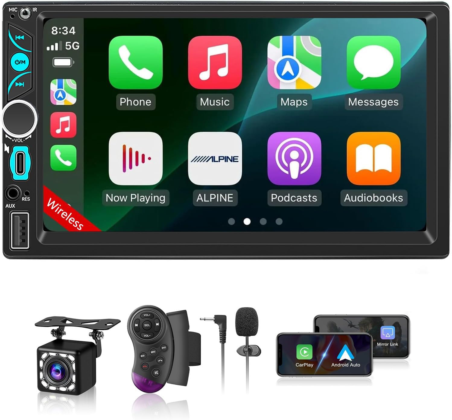 Wireless Double Din Car Stereo Apple Carplay Radio Screen for Car Audio Receivers, Bluetooth Car Play Android Auto 7