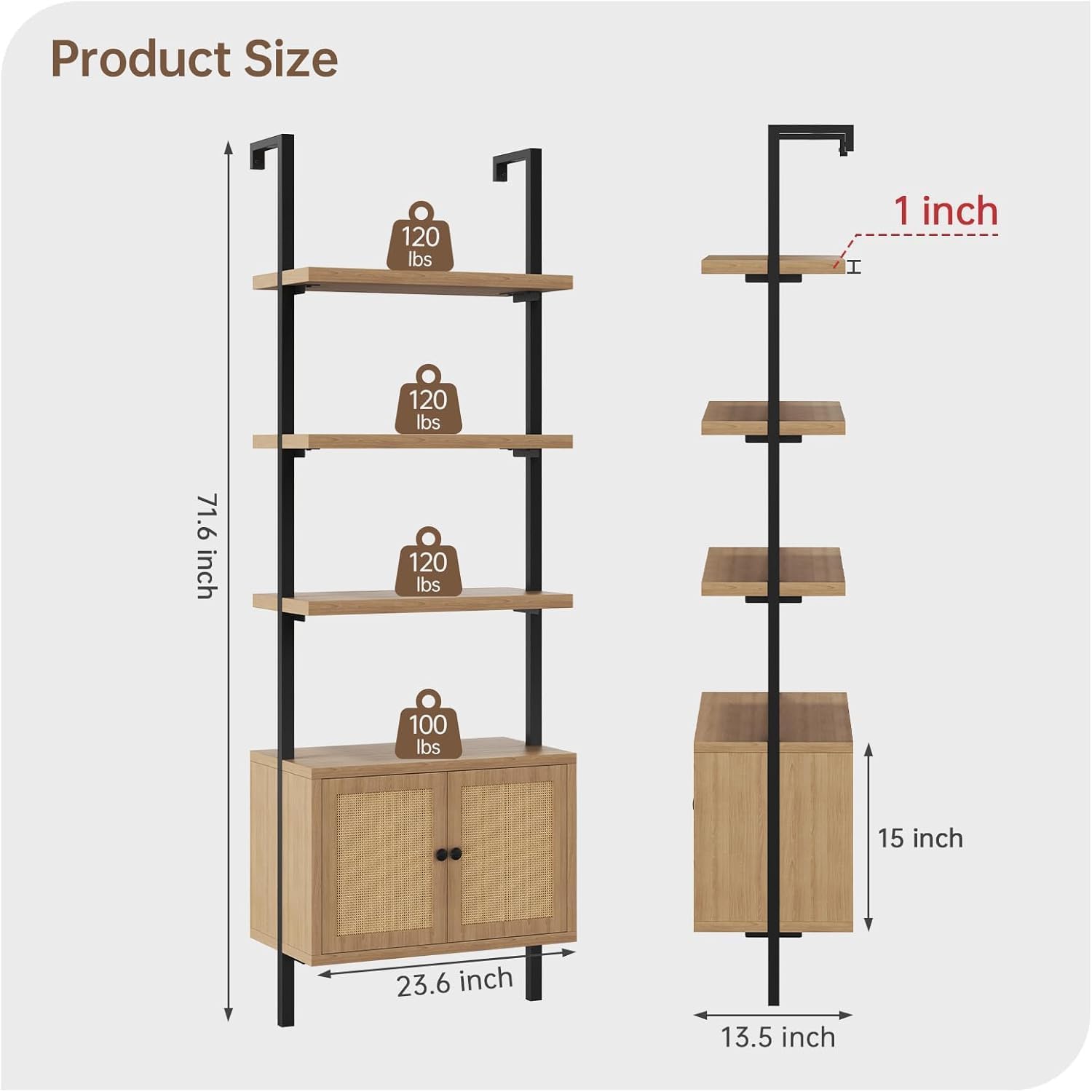 Ladder Bookshelf, 4 Tier Book Shelf with Rattan Cabinet, Wall Mount Bookshelves and Bookcases with Metal Frame, Anti Dump, Tall Bookcase for Living Room, Home Office, Bedroom Oak
