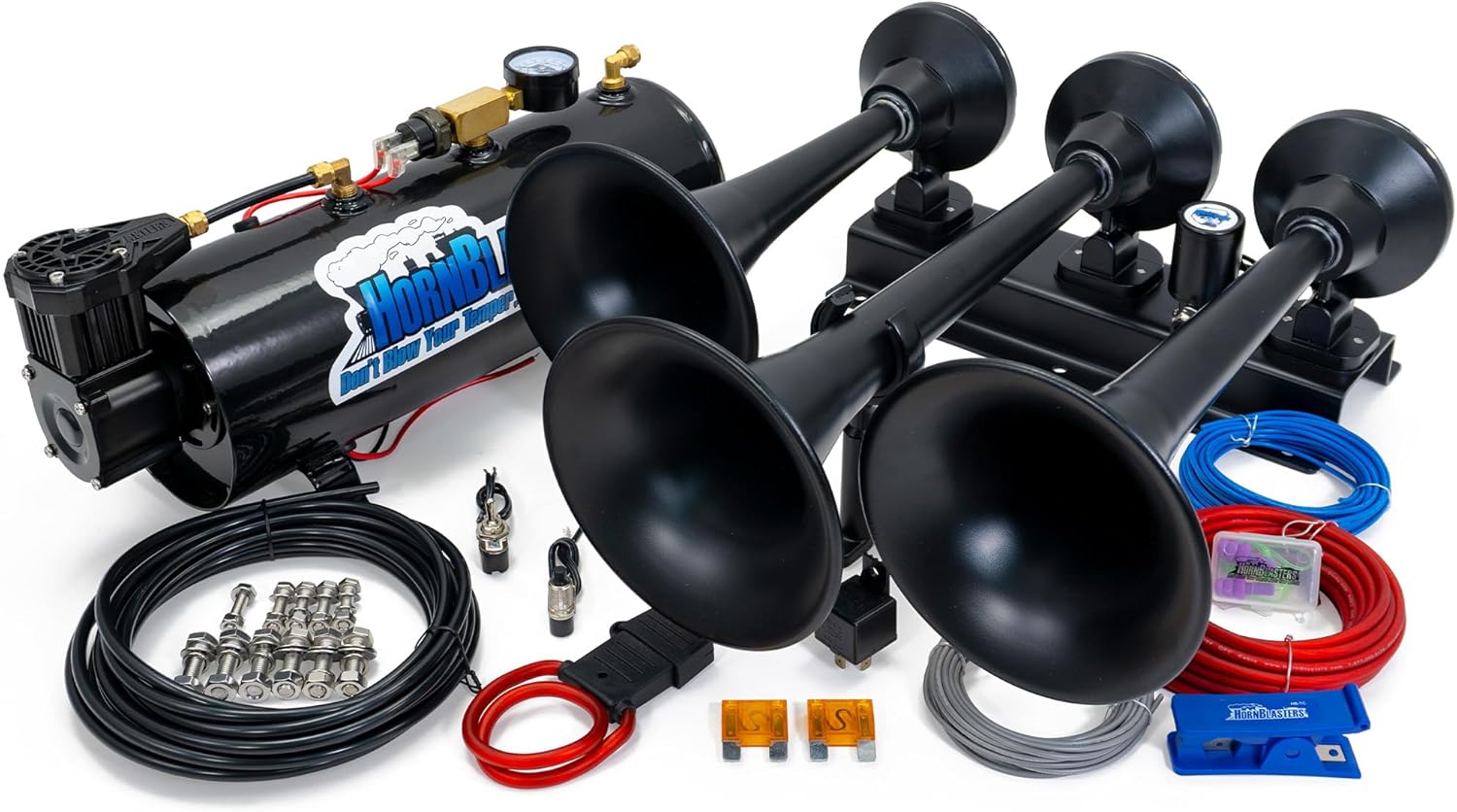 HornBlasters Flatlaw 3-Liter Train Horn Kit, All-In-One Air System - Easy Install - Big Sound