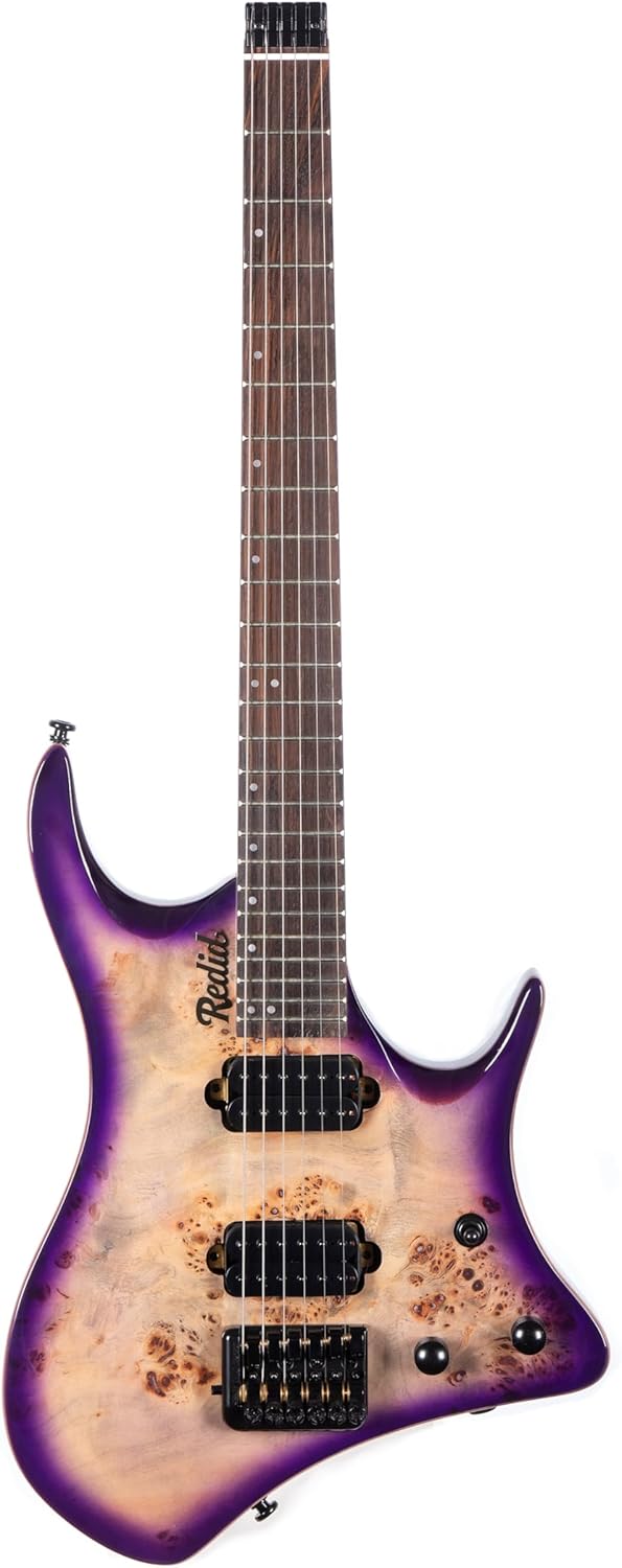 Redid Headless Electric Guitar, 25.5″ Scale Travel Guitar with Dual Humbucker Pickups, Mahogany Body & Maple Neck, 24 Frets, Lightweight Portable Electric Guitar with Gig Bag(Purple)