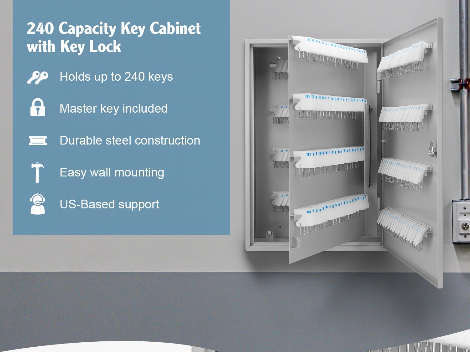 Barska 240 Position Key Cabinet with Numbered Hooks – Wall Mount Steel Key Organizer Safe with Index Log, White Key Tags & Lockable Door for Office or Business