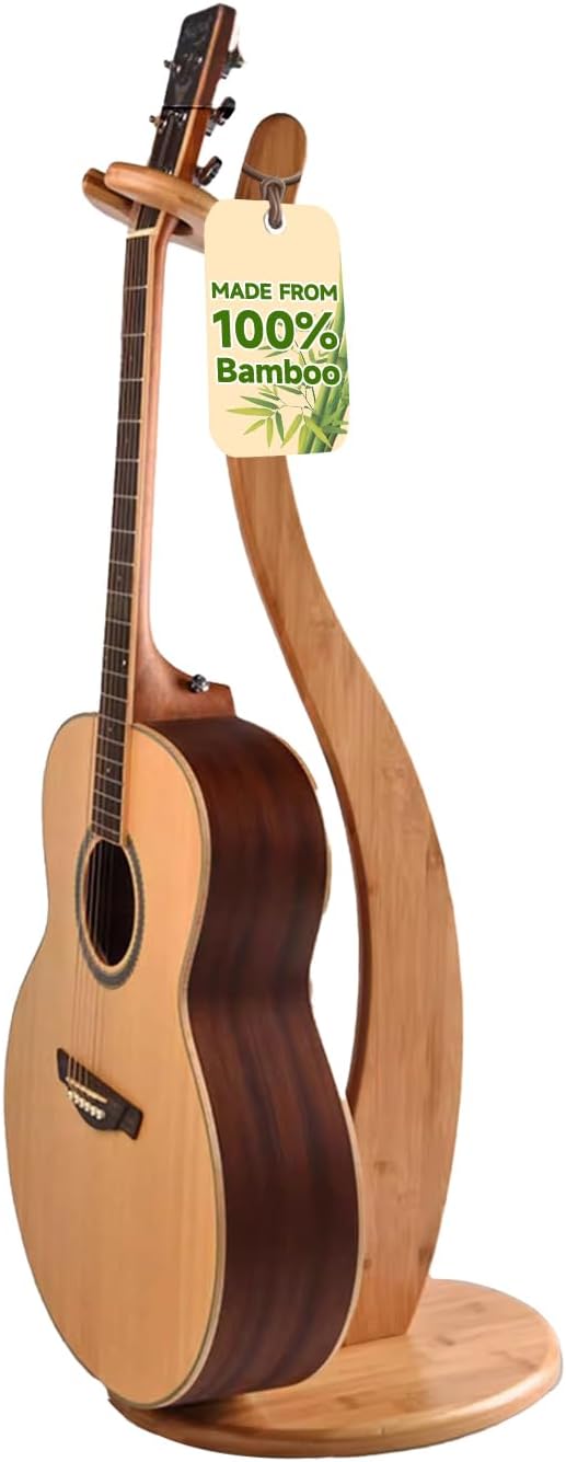 Wooden Guitar Stand - Acoustic Electric Guitar Holder Bamboo, Portable Single Guitar Hanger Rack for Banjo Bass Ukulele Guitar Player Accessories Home Studio Music Instrument Display