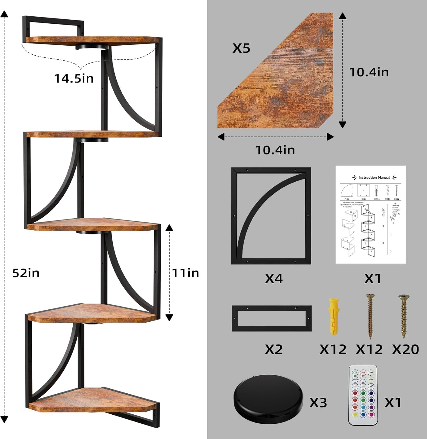HAAYOT Corner Shelf Wall Mounted with Lights, 5-Tier Floating Metal Shelves for Living Room, Bedroom, Rustic Brown