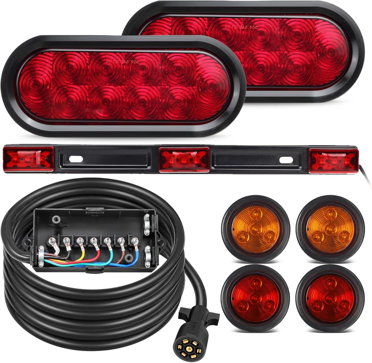 Partsam Oval 12V LED Truck Trailer Lights Kit with ID Light Bar Side Markers, 7 Way Trailer Cord with 7 Gang Junction Box