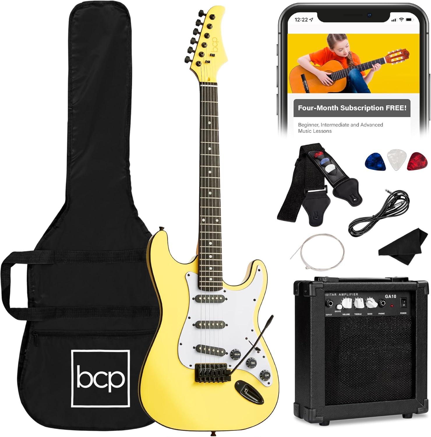 Best Choice Products 39in Full Size Beginner Electric Guitar Starter Kit w/Case, Strap, 10W Amp, Strings, Pick, Tremolo Bar - Yellow