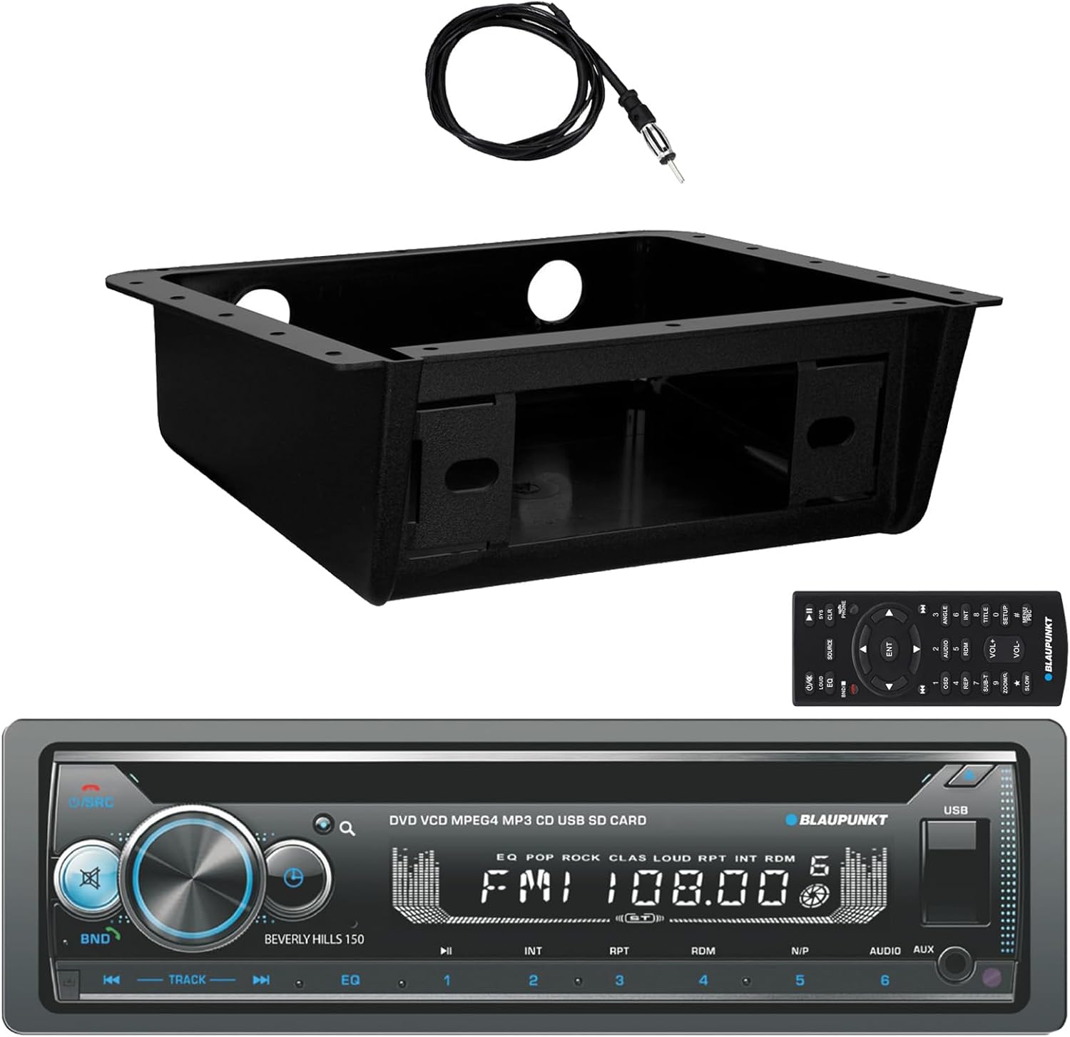 Blaupunkt Hamburg Single DIN Retro Classic Bluetooth USB/AUX AM/FM Radio Stereo Receiver W/Fully Enclosed Under Dash/Overhead Installation Mounting Kit, 22