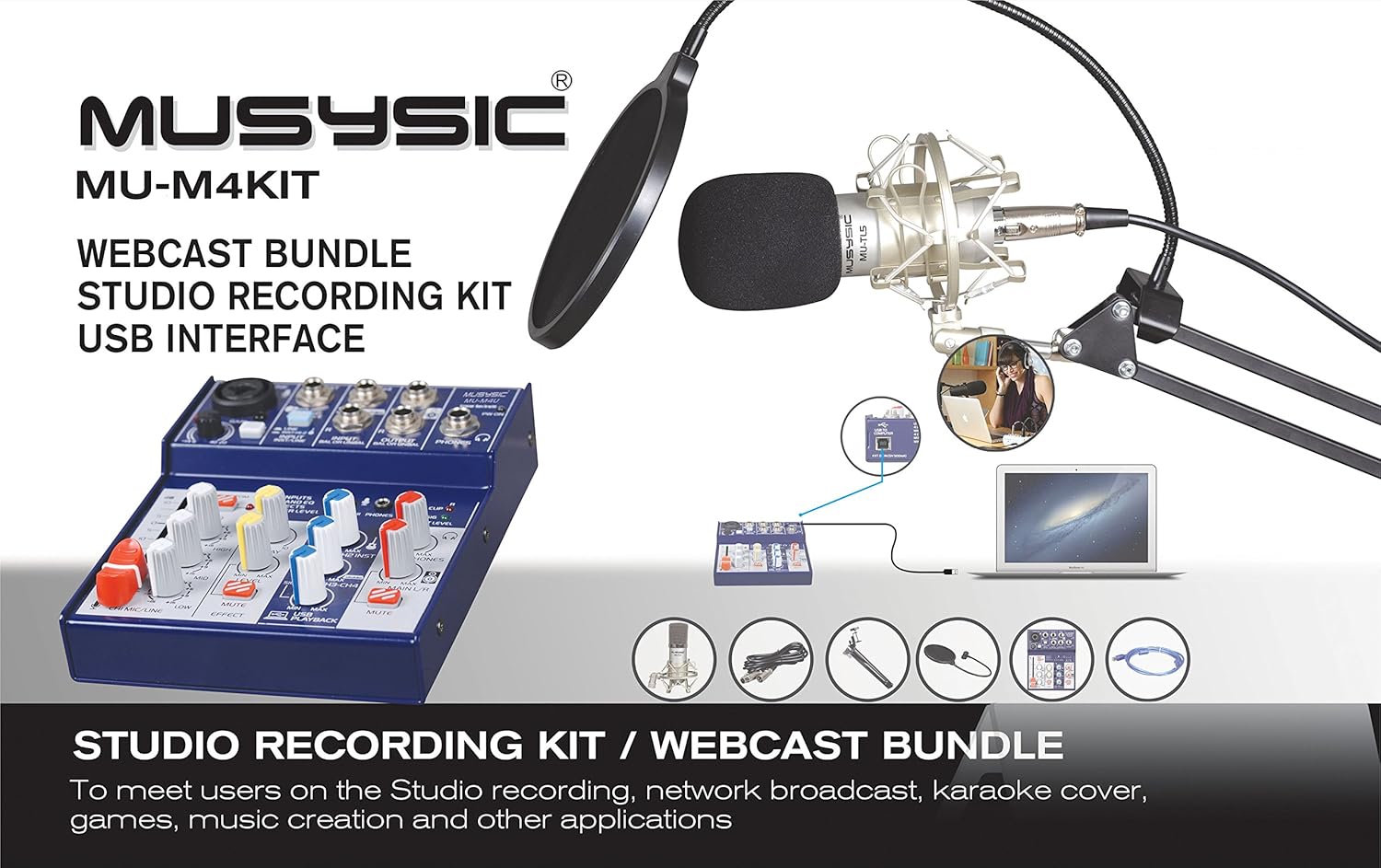 MUSYSIC Professional 4-Channel Digital Mixer with USB Audio Interface for Studio, Webcast, Podcast, Phantom Power with Stereo DJ Studio Streaming - MU-M4KIT