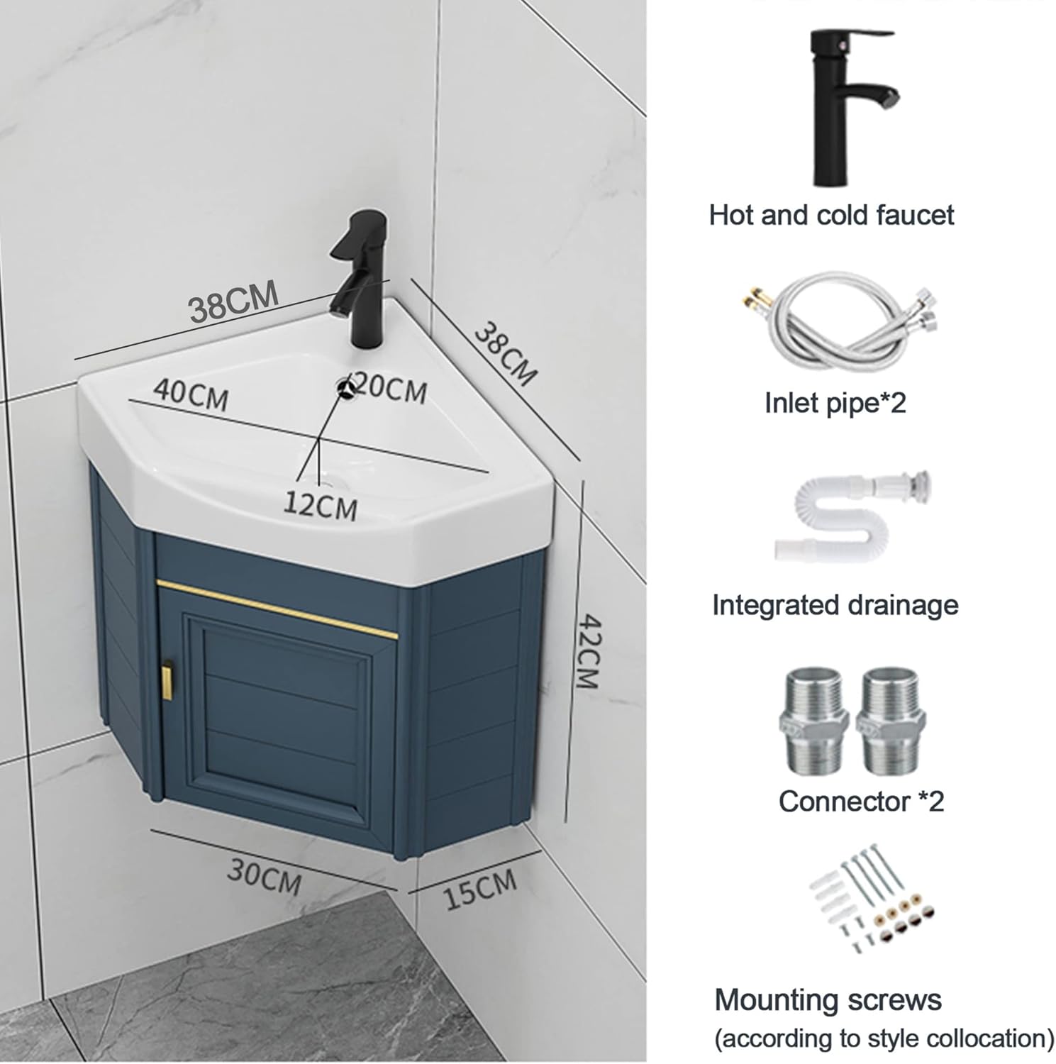 Small Corner Bathroom Vanity Vessel Cabinet Sink Combo Wall Mount Triangle Ceramic Counter Sinks with Hot and Cold Faucet and Overflow Utility Washing Hand Basin for Laundry Room Kitchen Patio ( Size