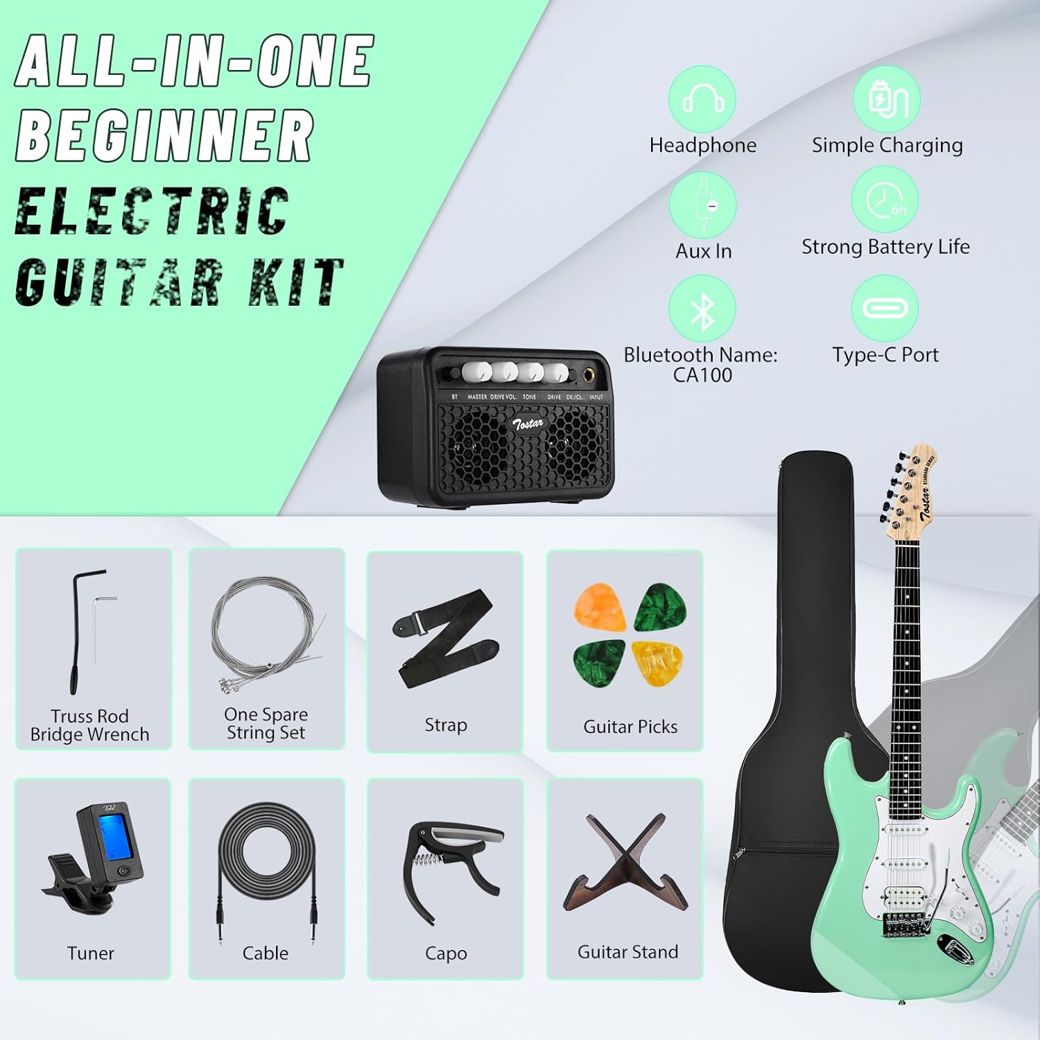 Tostar Beginner Electric Guitar with Amp Full Size Kit 6 String HSS Pickup with Gig Bag,Capo,Tremolo,Tuner, Strap, Picks Surf Green Electric Guitars Stratocaster 39