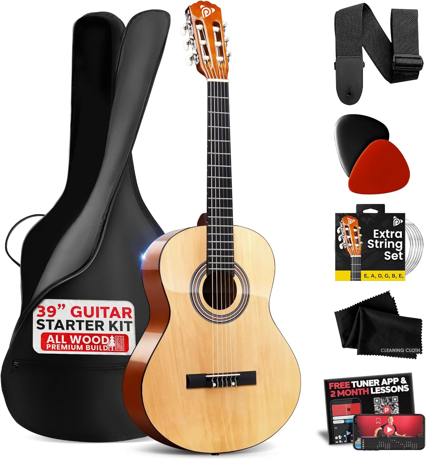 Pyle Beginner Acoustic Guitar Kit, 4/4 Full Size All Wood Instrument with Full Accessory Kit, Picks, Shoulder Strap, Carry Case, Cleaning Cloth, Tuner App, 2 Month Lessons, 39”