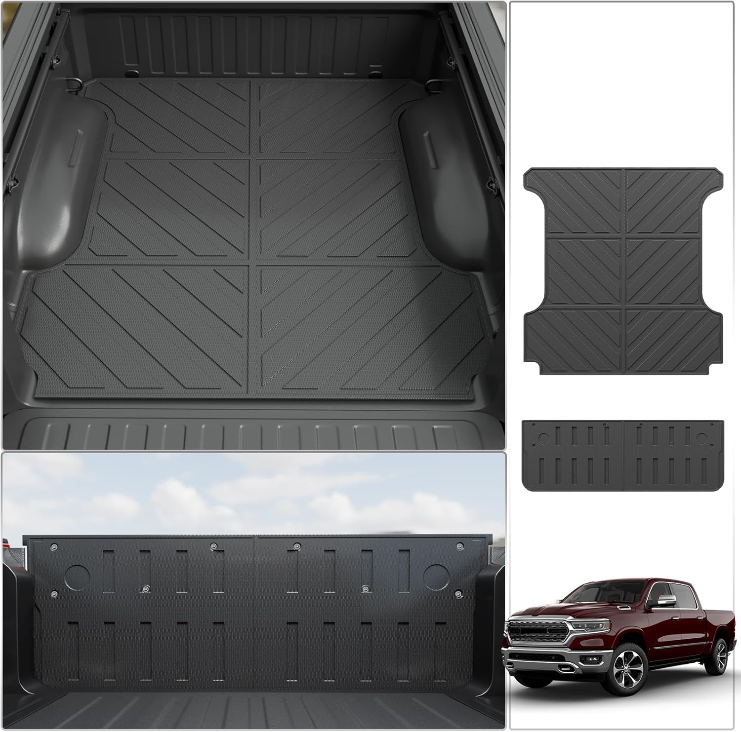 Trunk Bed Mat Compatible with 2019-2025 Dodge Ram 1500 5.7Ft Bed Liner Tailgate Mat Tailgate Liner TPE 2024 Ram 1500 Accessories (Trunk Bed Mat 5.7Ft+Tailgate Mat)