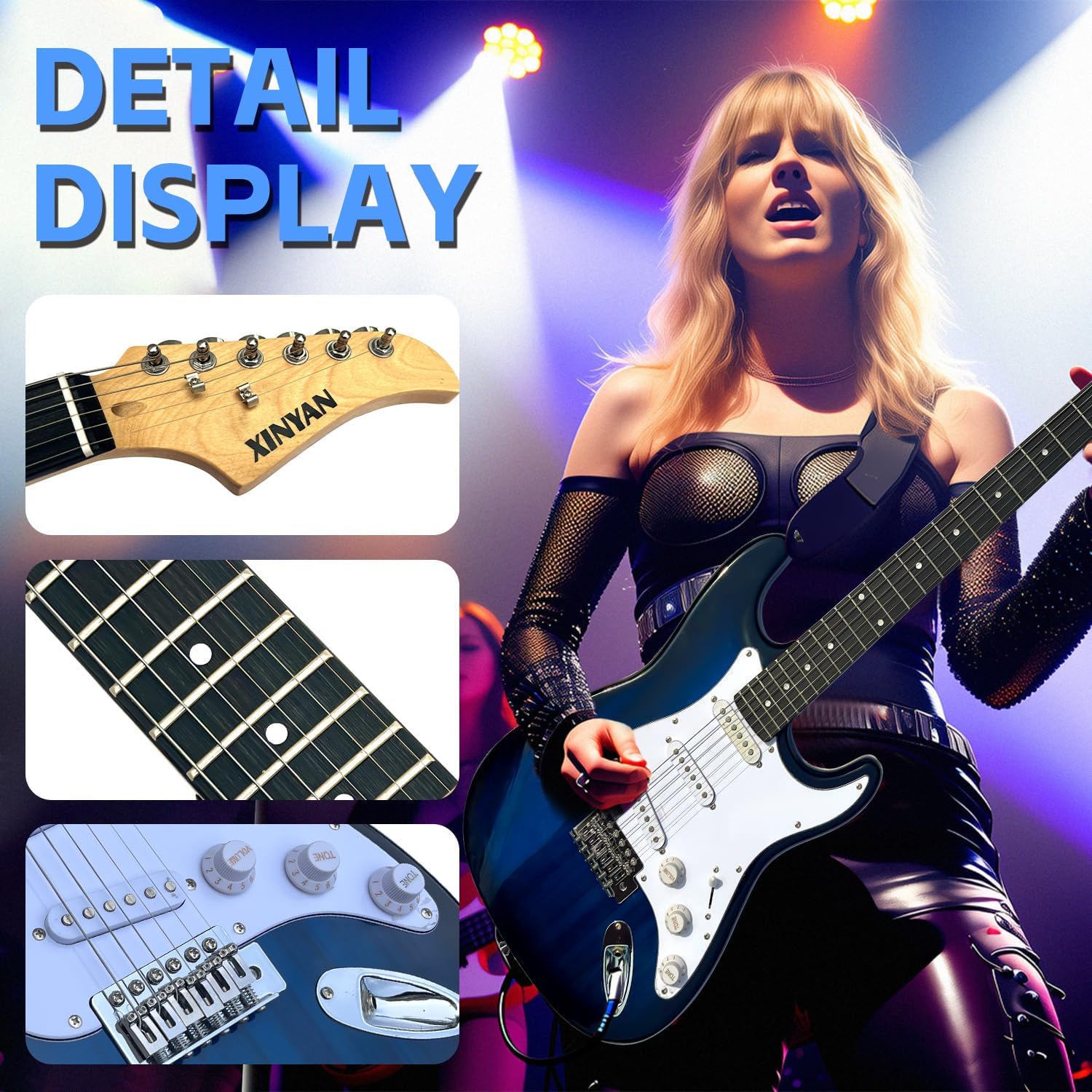 39in Full Size Beginner Electric Guitar Starter Kit w/Case, Strap, 20W Amp, Strings, Pick, Tremolo Bar (Blue Guitar)