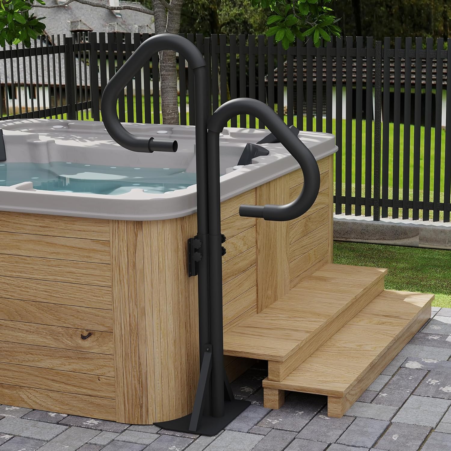 Domi Two-Way Hot Tub Handrail, Aluminum Spa Hand Rail with 44”-60” Adjustable Height & 360° Swivel, Safety Side Handrails with Slide-Under Mount Base for Most Hot Tubs & Swim Spas, 600 LBS Capacity