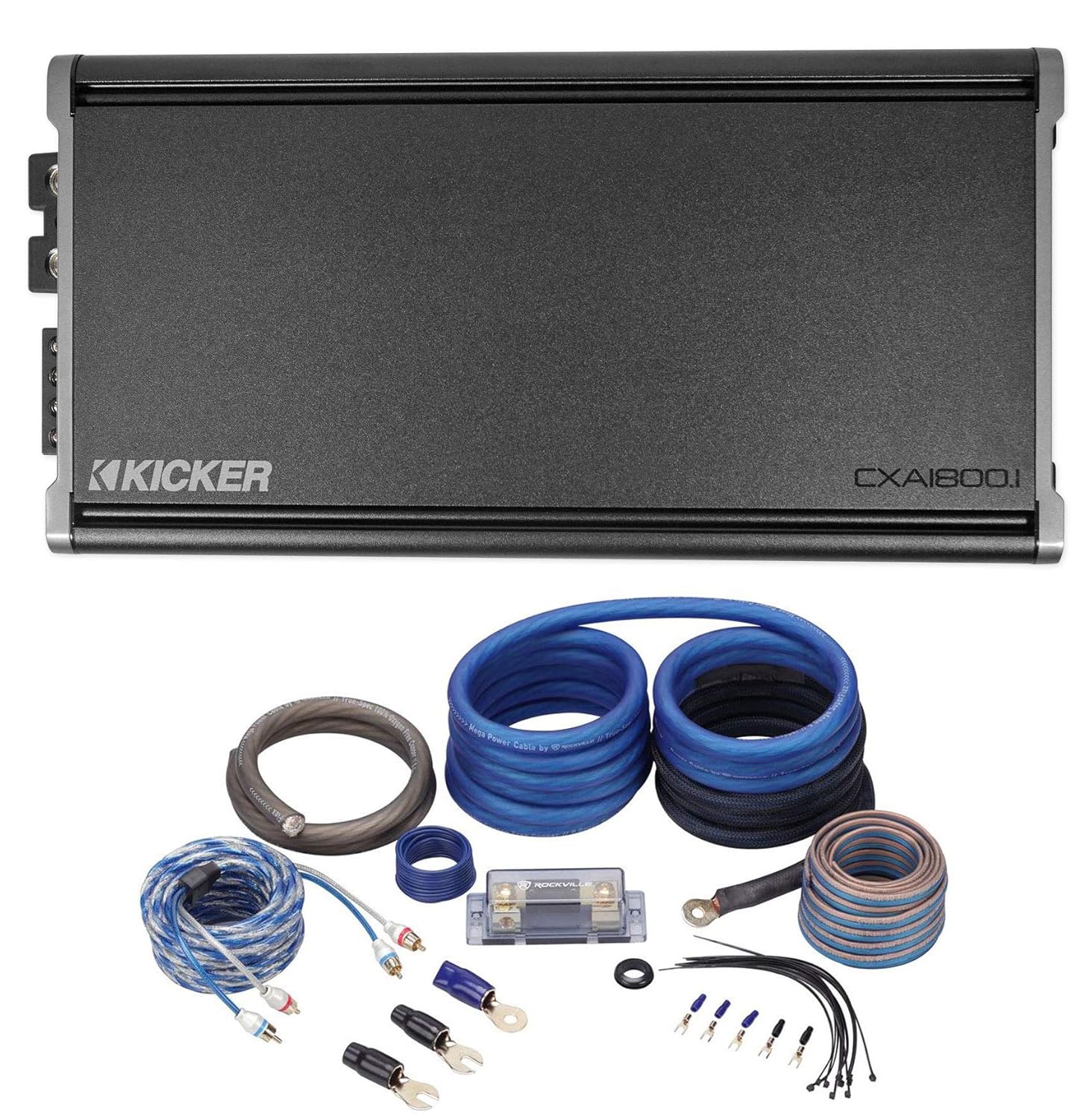 KICKER 46CXA18001T CXA1800.1 1800 Watt RMS Mono Class D Car Audio Amplifier Bundle with Rockville RWK0CU 0 AWG Gauge 100% Copper Complete Amp Installation Wire Kit OFC