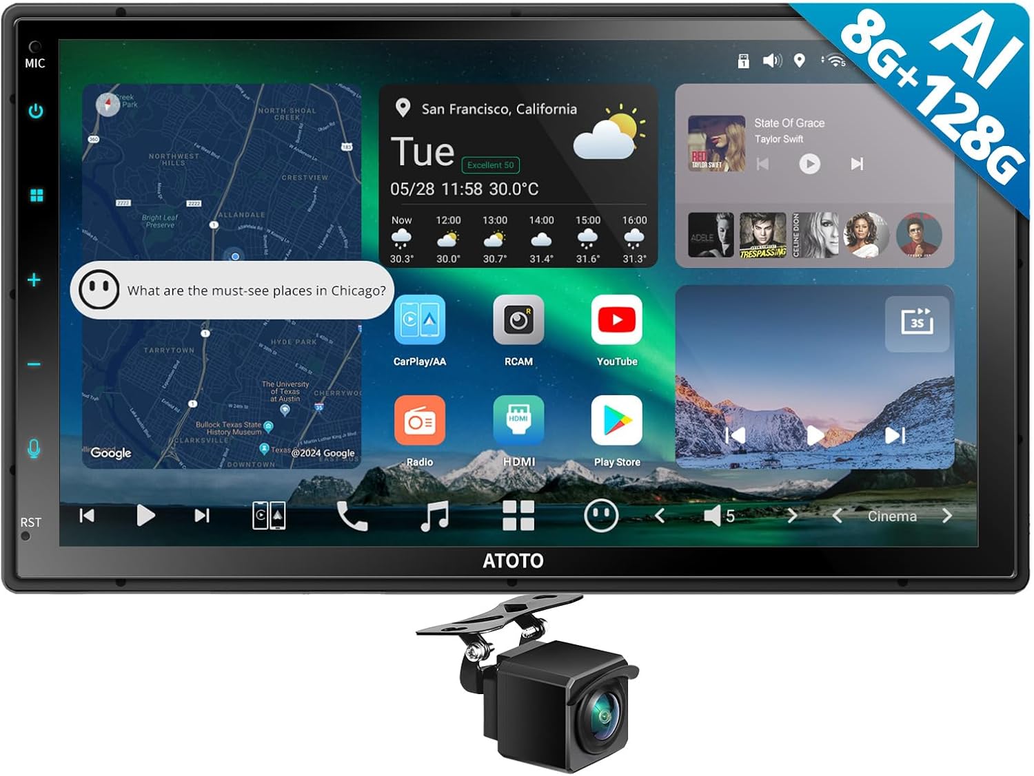 AC-FHD02LR 1080P Backup Camera with Recording,for X10G2B7E,7inch Double Din Android Car Stereo, Talk to ChatGPT AI, 4G LTE, Wireless Carplay & Android Auto,8G+128G