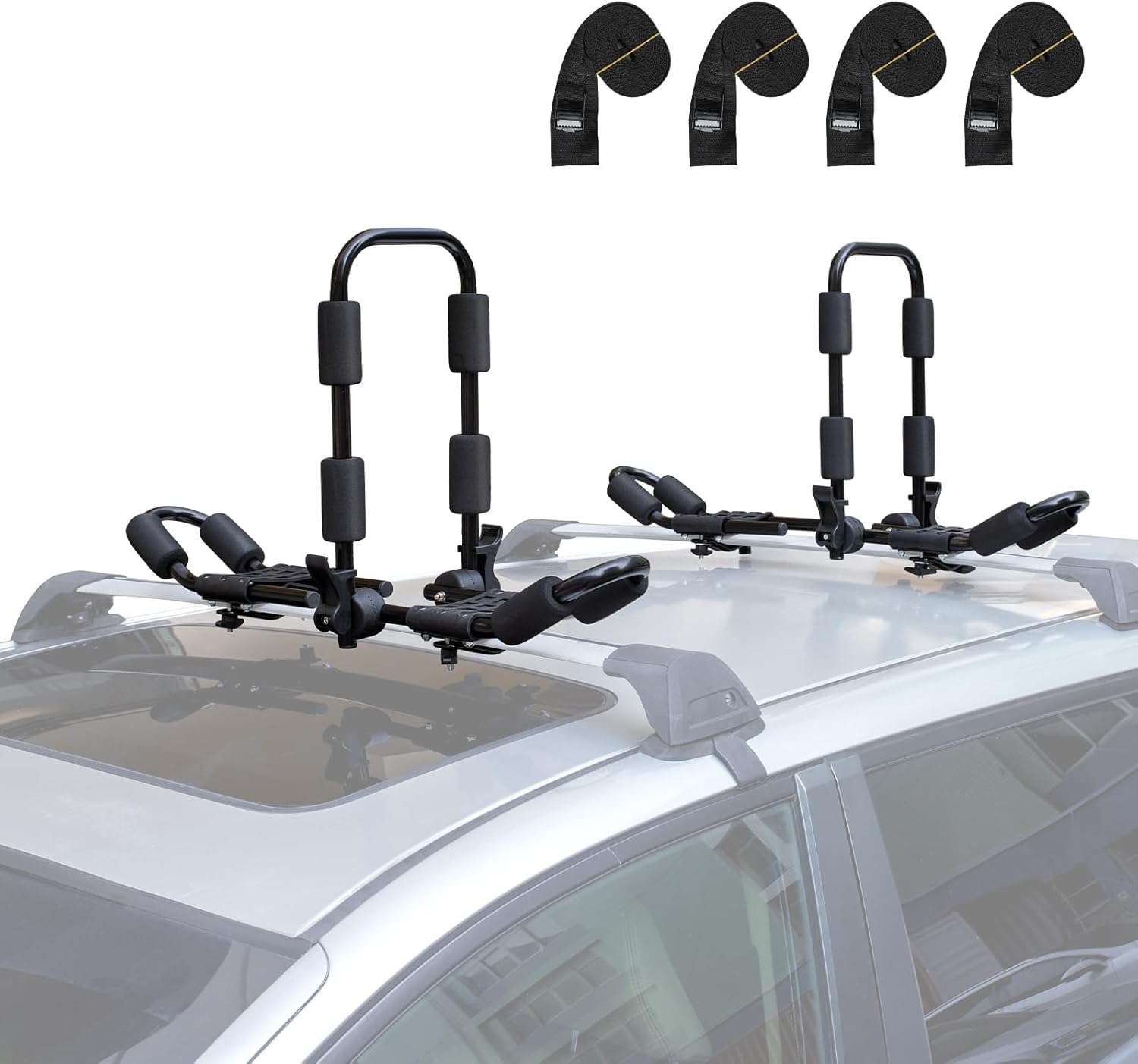 Leader Accessories 2 in 1 Folding Kayak Rack J Bar Car Roof Rack for Canoe Surf Board SUP On Roof Top Mount on SUV, Car and Truck Crossbar with 4 pcs Tie Down Straps