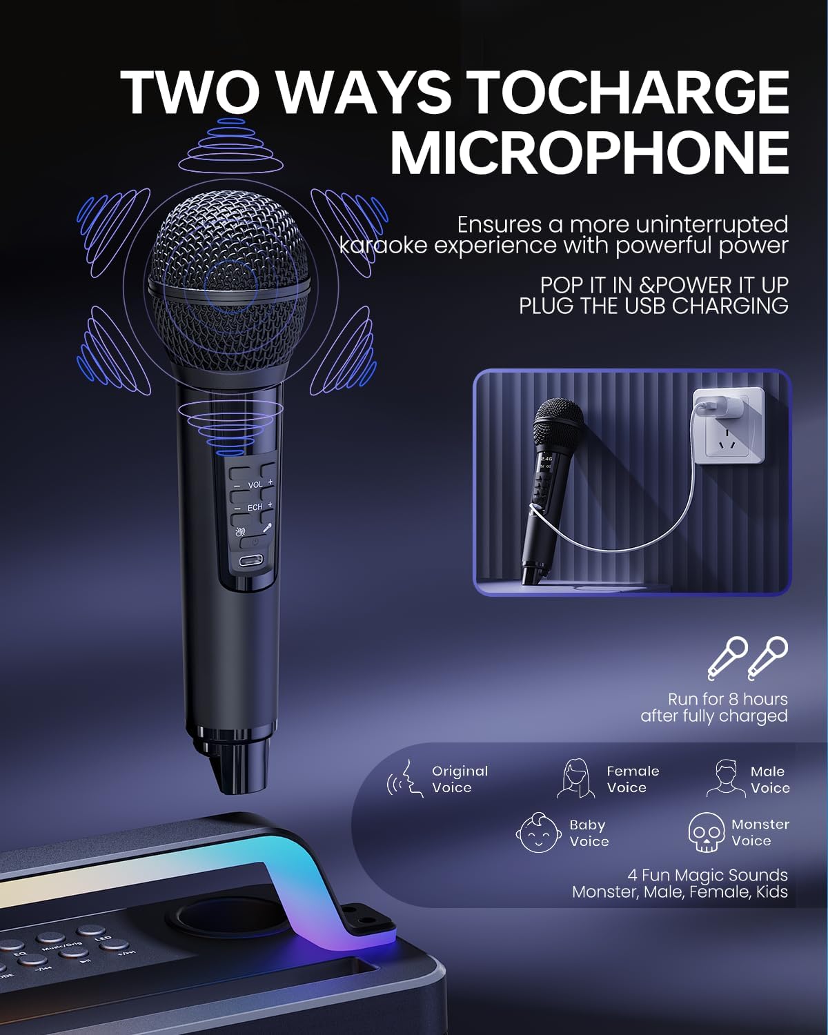 Portable Bluetooth Karaoke Machine for Adults & Kids - 2 Wireless Microphones, Shoulder Strap, Fun Voice Change, Support USB/AUX, for Outdoor Events Party Gifts