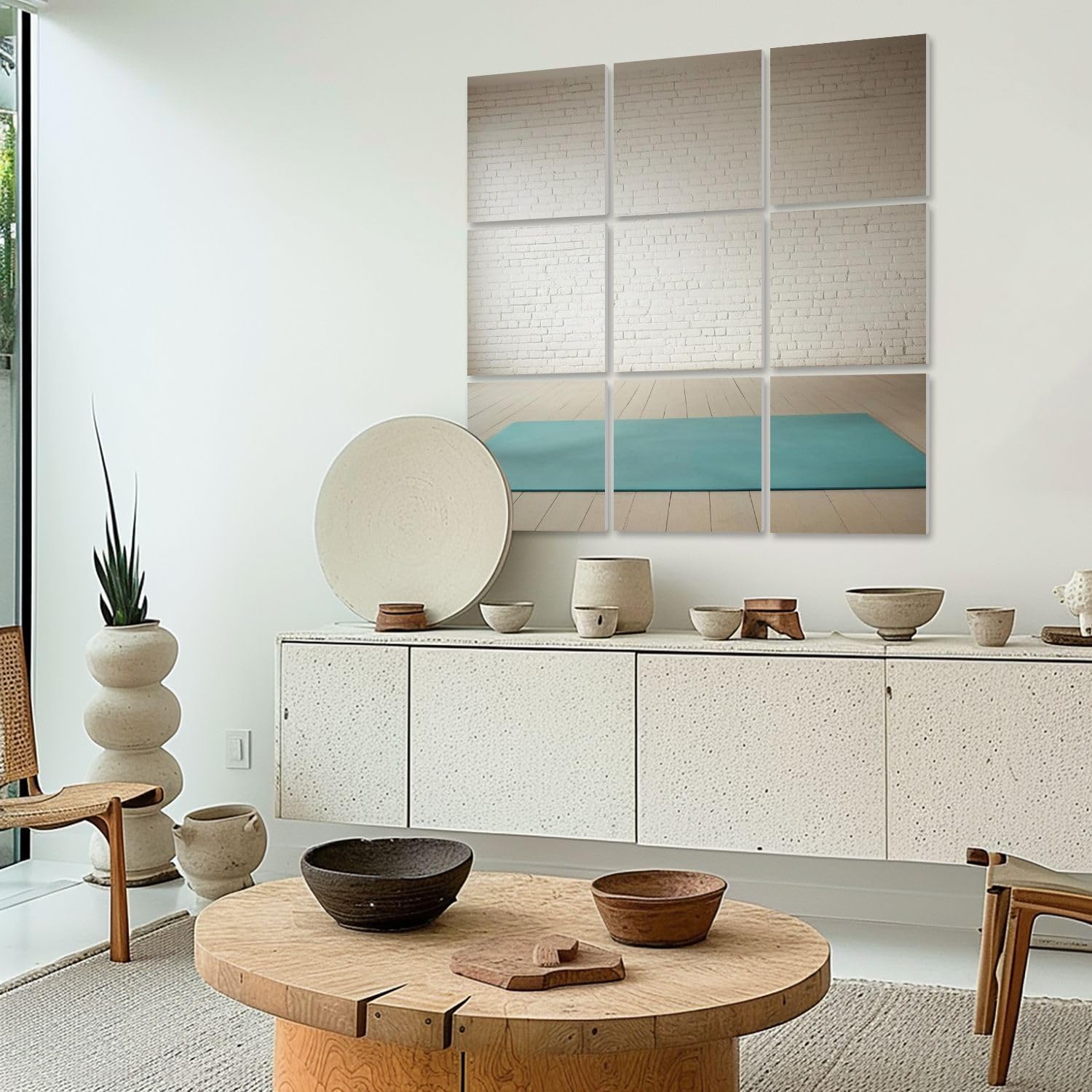 Art Acoustic Panels Self Adhesive Empty room wooden floor white brick wall 9Packs Decorative Soundproof Wall Panels Large Sound Absorbing Panels for Home Office 60